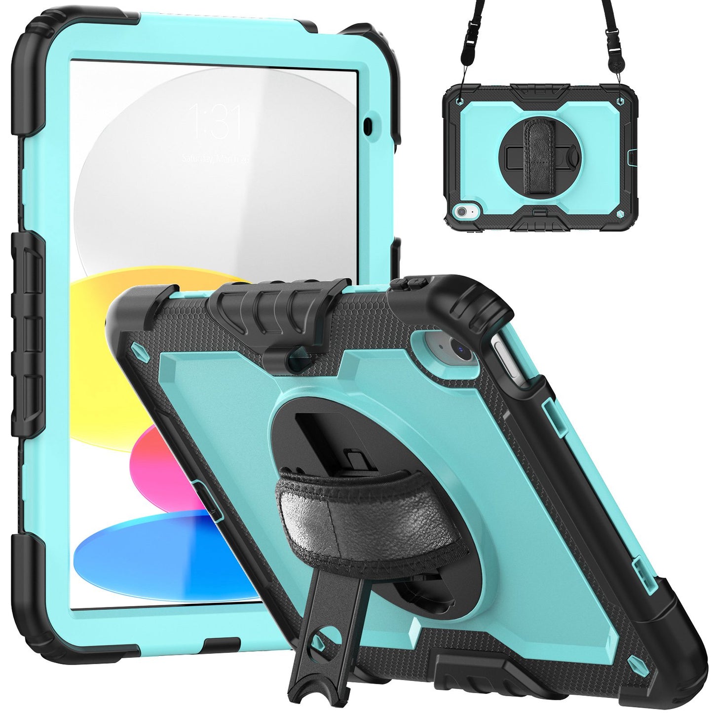 For iPad 10.9 (2022) Silicone+PC Tablet Case Hand Strap Kickstand Drop-proof Cover with Shoulder Strap