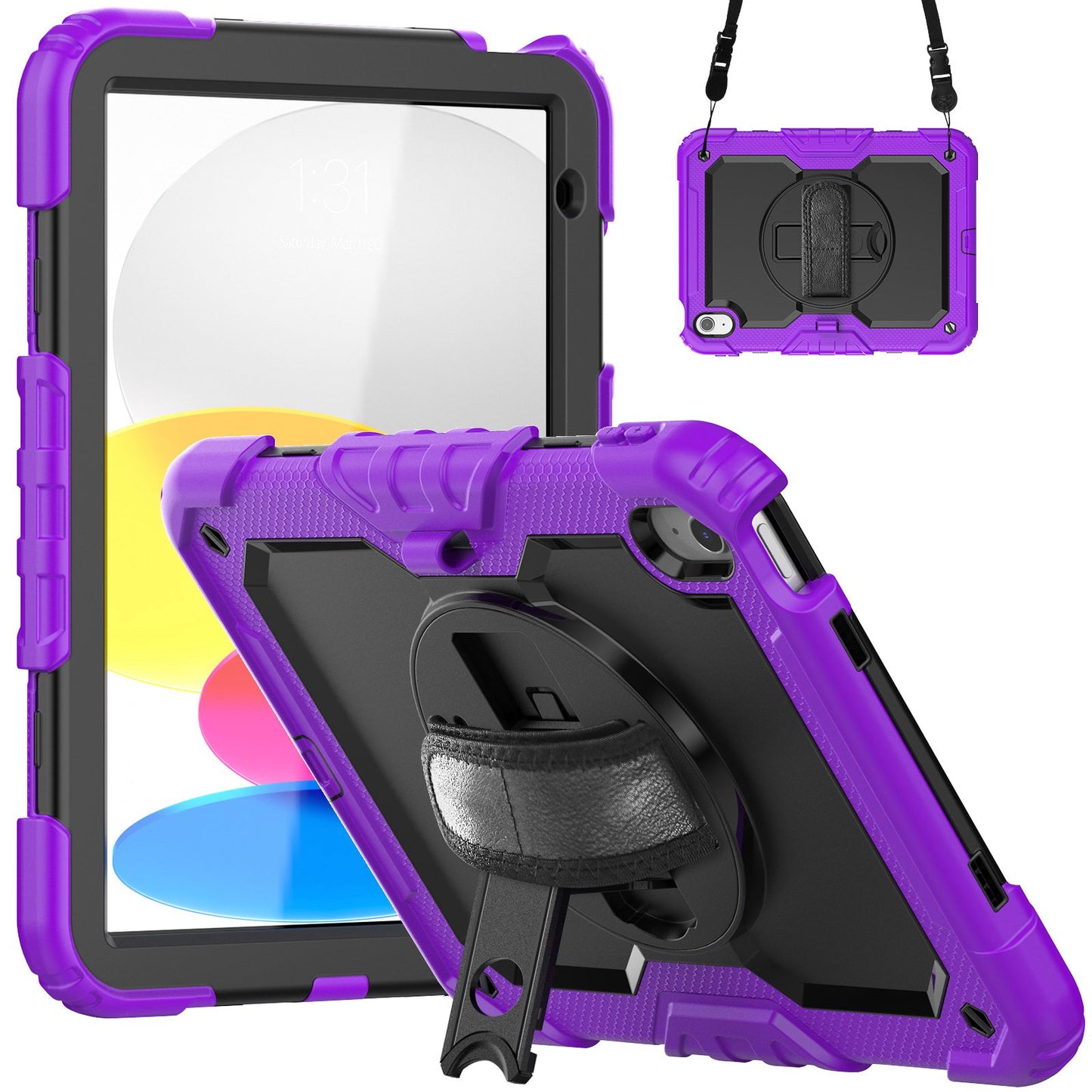 For iPad 10.9 (2022) Silicone+PC Tablet Case Hand Strap Kickstand Drop-proof Cover with Shoulder Strap