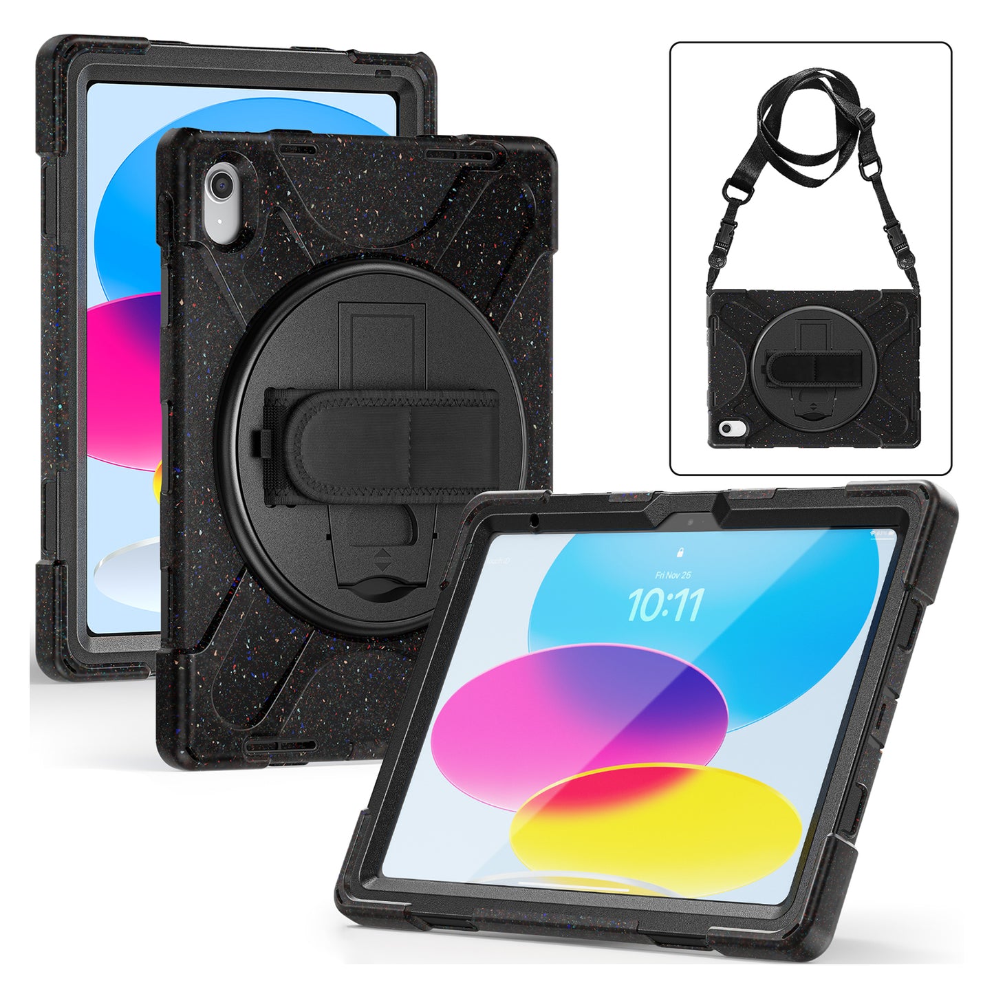 For iPad 10.9 (2022) Shockproof Case Kickstand Anti-Drop Tablet Case PC + Silicone Protective Cover with Hand Strap / Shoulder Strap
