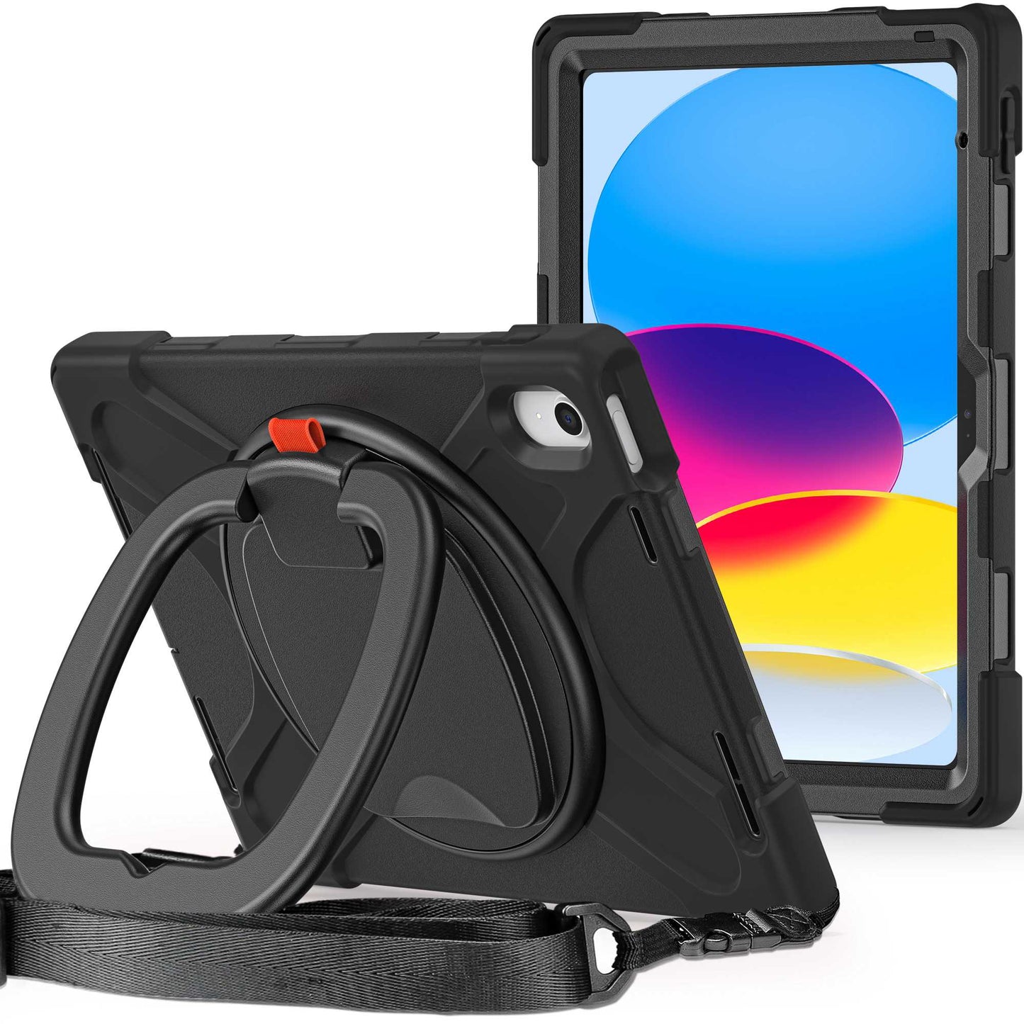For iPad 10.9 (2022) Rotary Kickstand Tablet Protective Case PC + Silicone Anti-drop Back Cover with Shoulder Strap