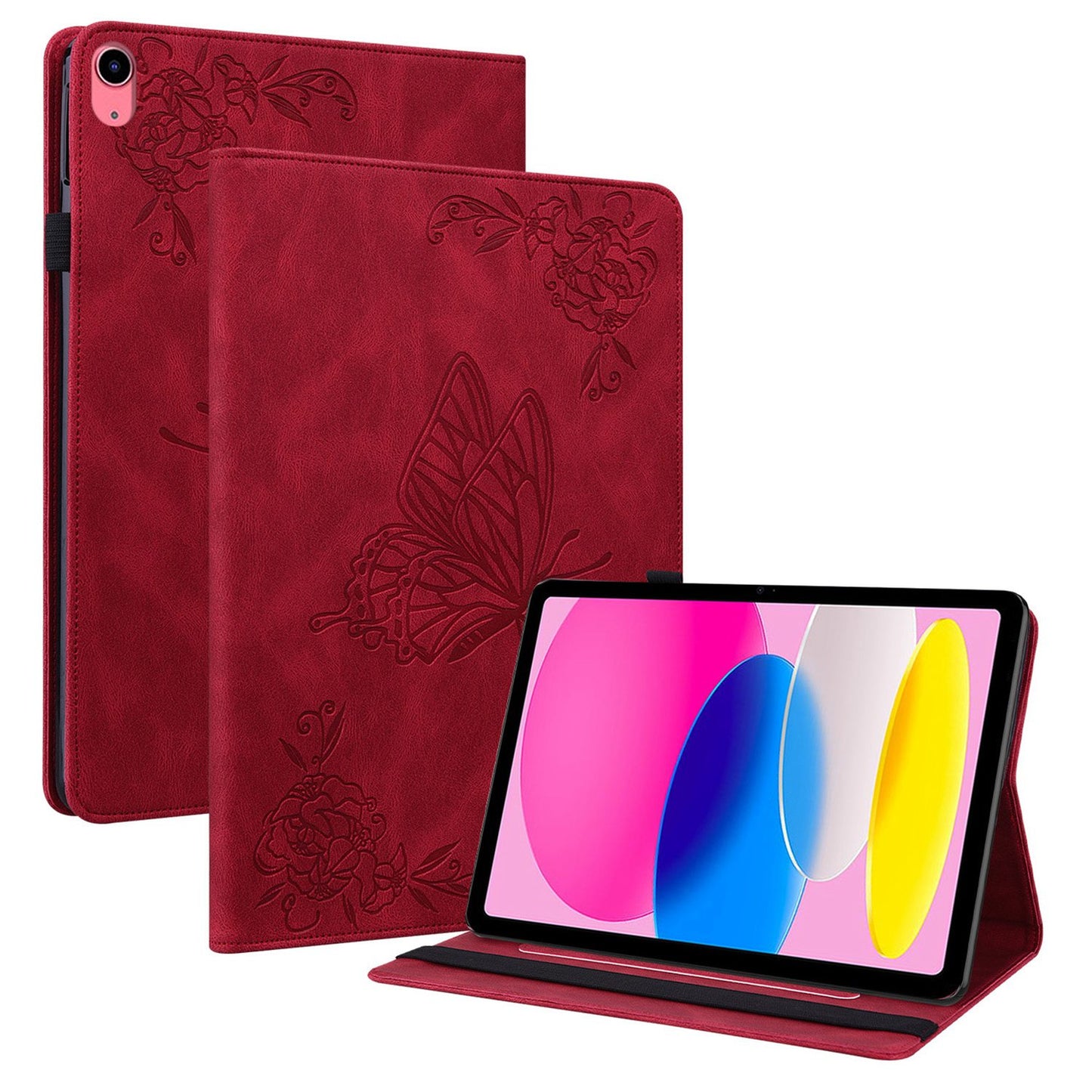 For iPad 10.9 (2022) / iPad 10th Gen Butterfly Flower Imprinted Flip Protection Cover PU Leather Card Holder Stand Smart Tablet Case with Pencil Holder