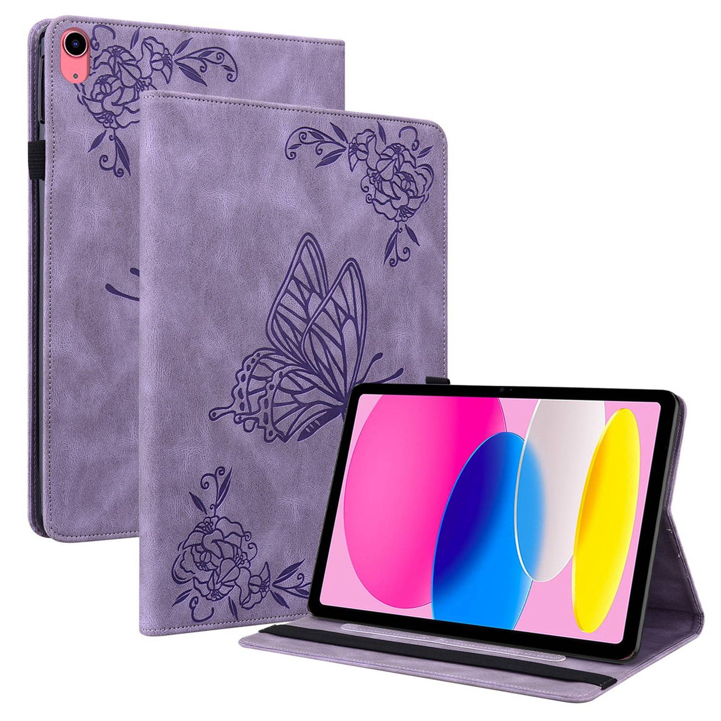 For iPad 10.9 (2022) / iPad 10th Gen Butterfly Flower Imprinted Flip Protection Cover PU Leather Card Holder Stand Smart Tablet Case with Pencil Holder