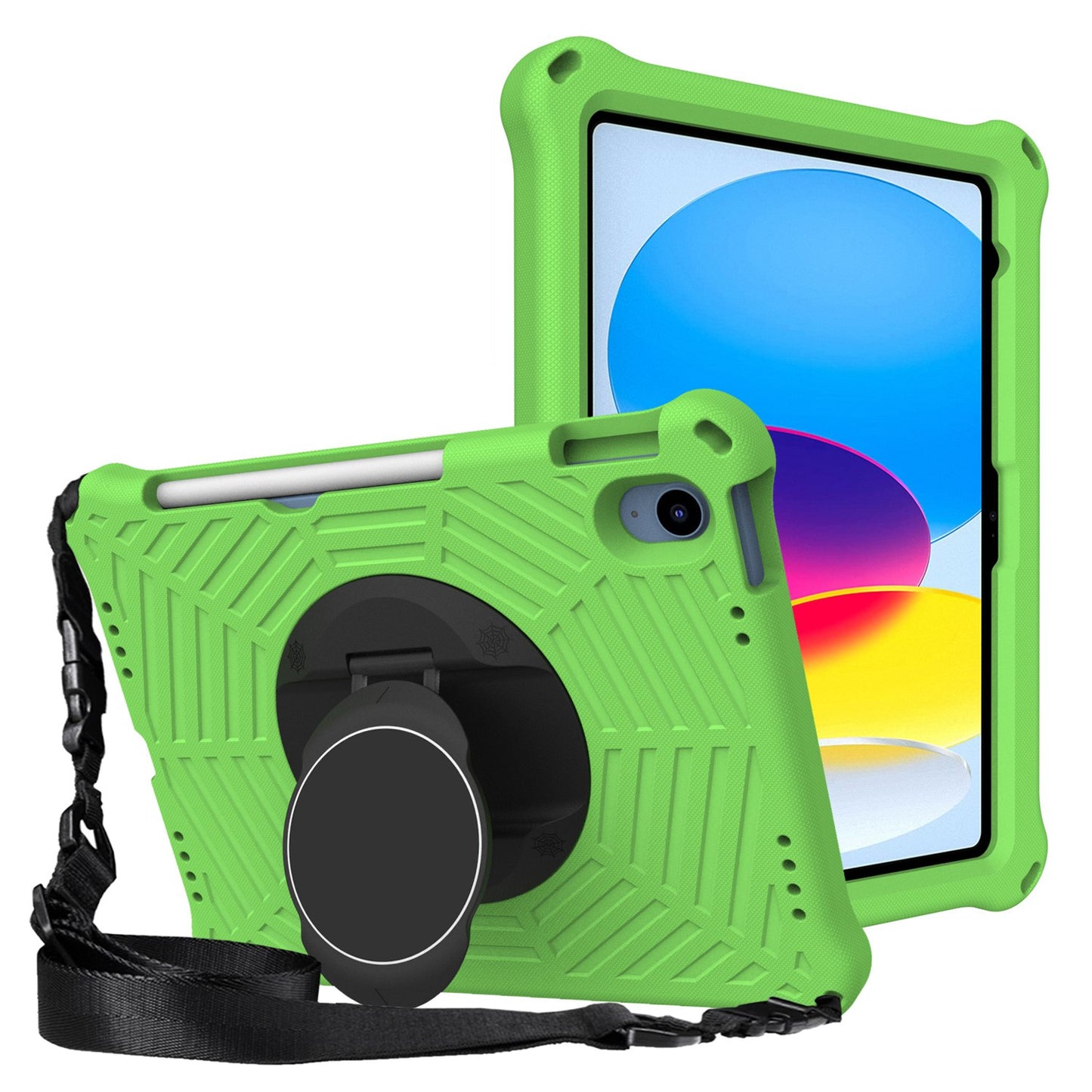 For iPad 10.9 (2022) Spider Web Texture Shockproof EVA Case 360 Degree Rotation Kickstand Cover with Shoulder Strap