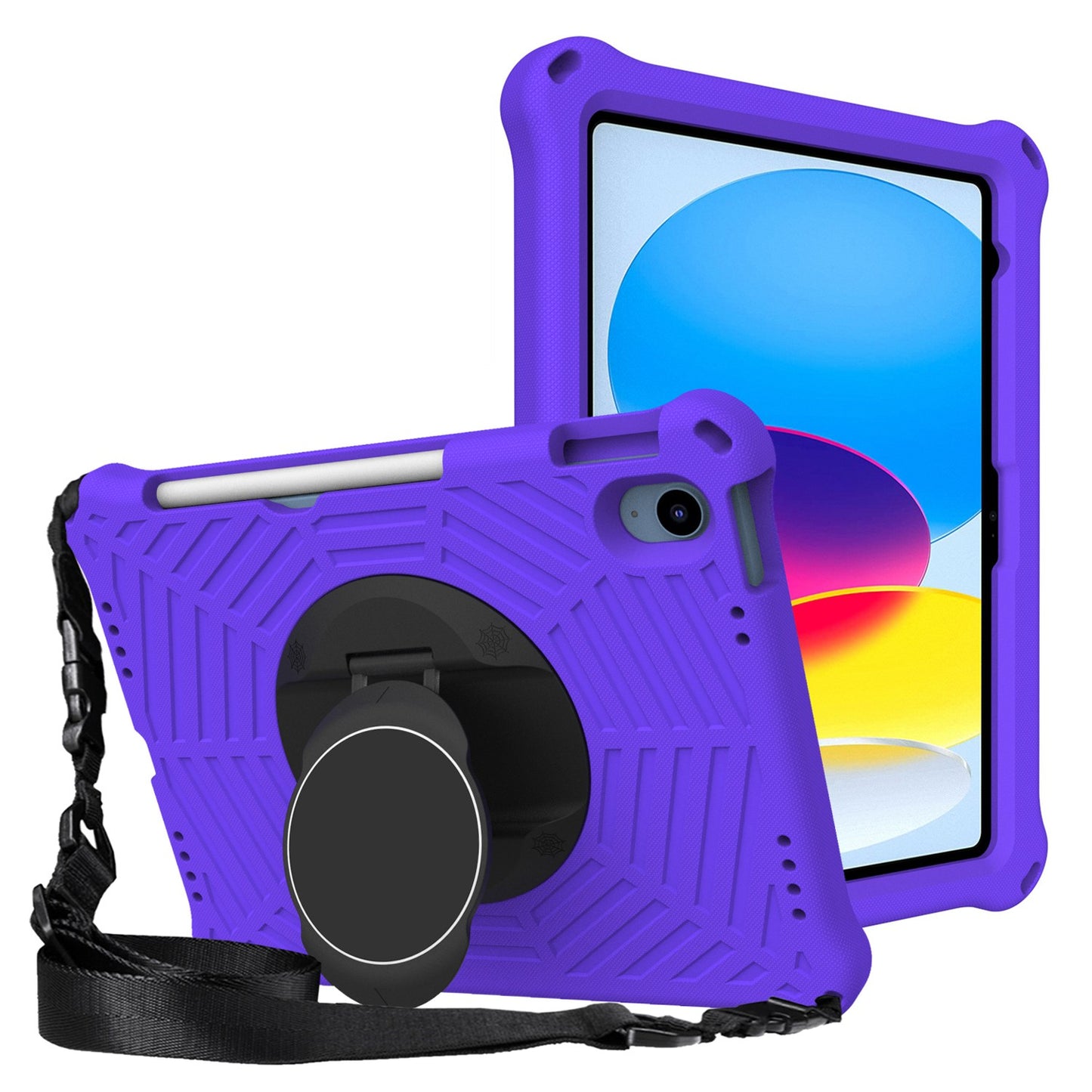 For iPad 10.9 (2022) Spider Web Texture Shockproof EVA Case 360 Degree Rotation Kickstand Cover with Shoulder Strap
