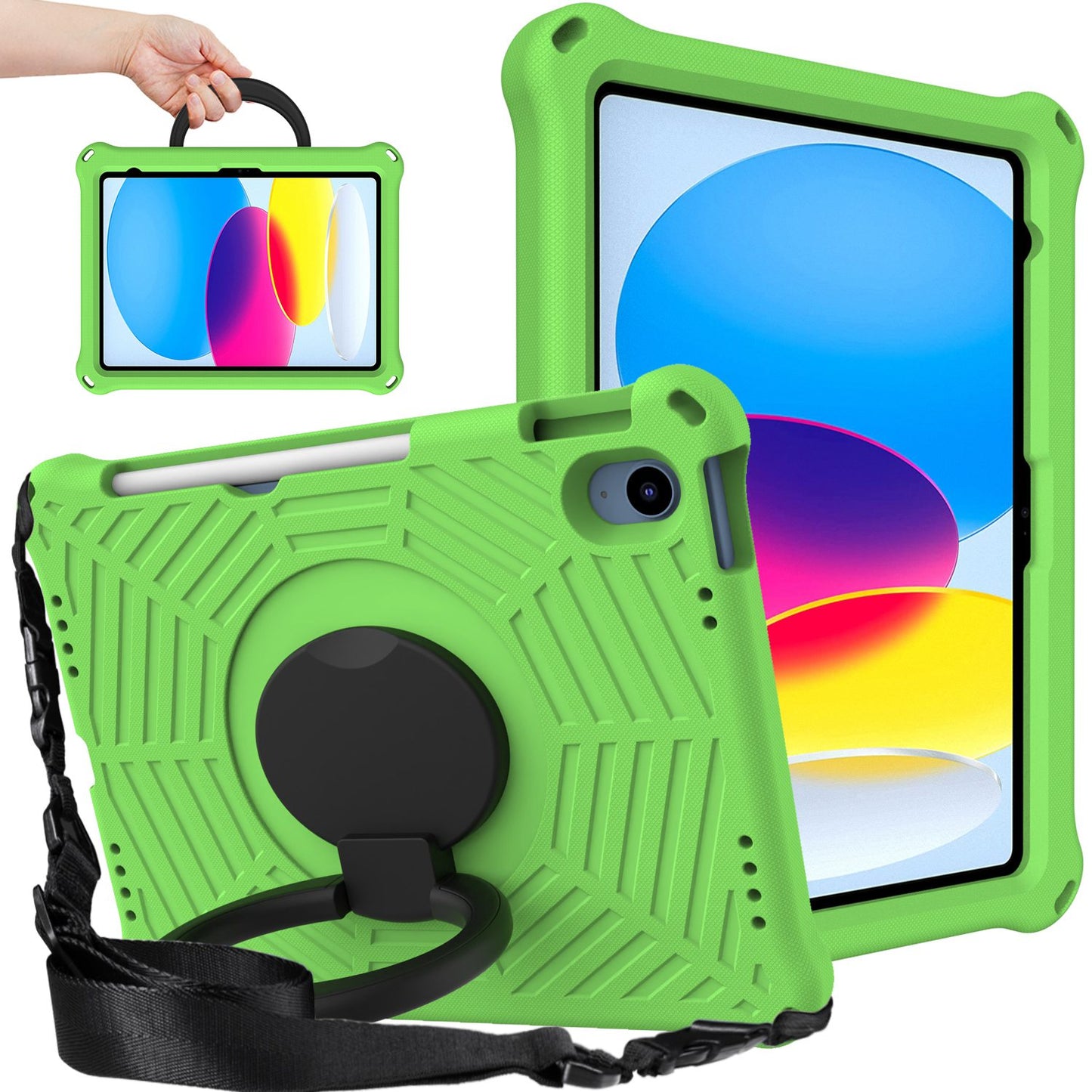 For iPad 10.9 (2022) Spider Web Texture Hand Grip Kickstand Cover Drop-proof Protective Tablet Case with Shoulder Strap
