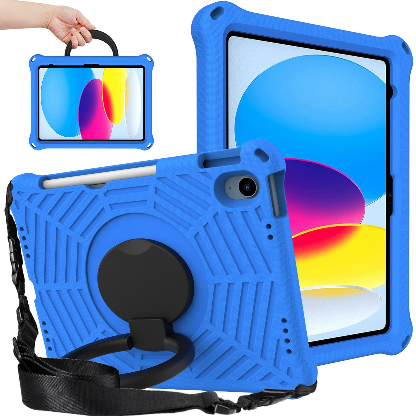 For iPad 10.9 (2022) Spider Web Texture Hand Grip Kickstand Cover Drop-proof Protective Tablet Case with Shoulder Strap