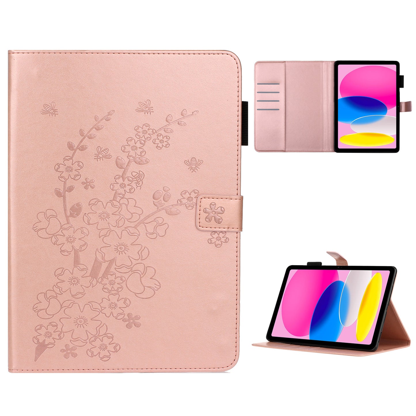 For iPad 10.9 (2022) / iPad 10th Gen Imprinted Plum Blossom Pattern Viewing Stand Shell Wallet Design PU Leather Shock Absorbing Tablet Case with Pen Holder