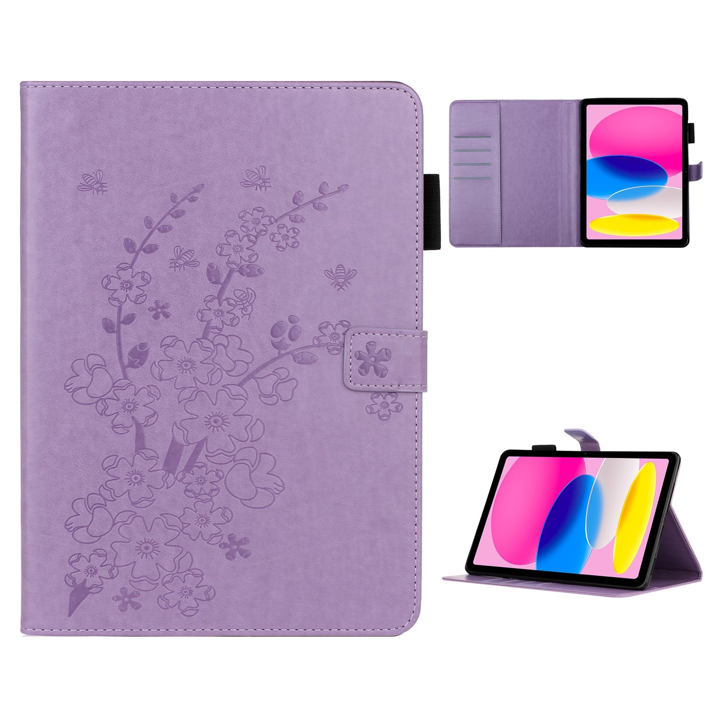 For iPad 10.9 (2022) / iPad 10th Gen Imprinted Plum Blossom Pattern Viewing Stand Shell Wallet Design PU Leather Shock Absorbing Tablet Case with Pen Holder