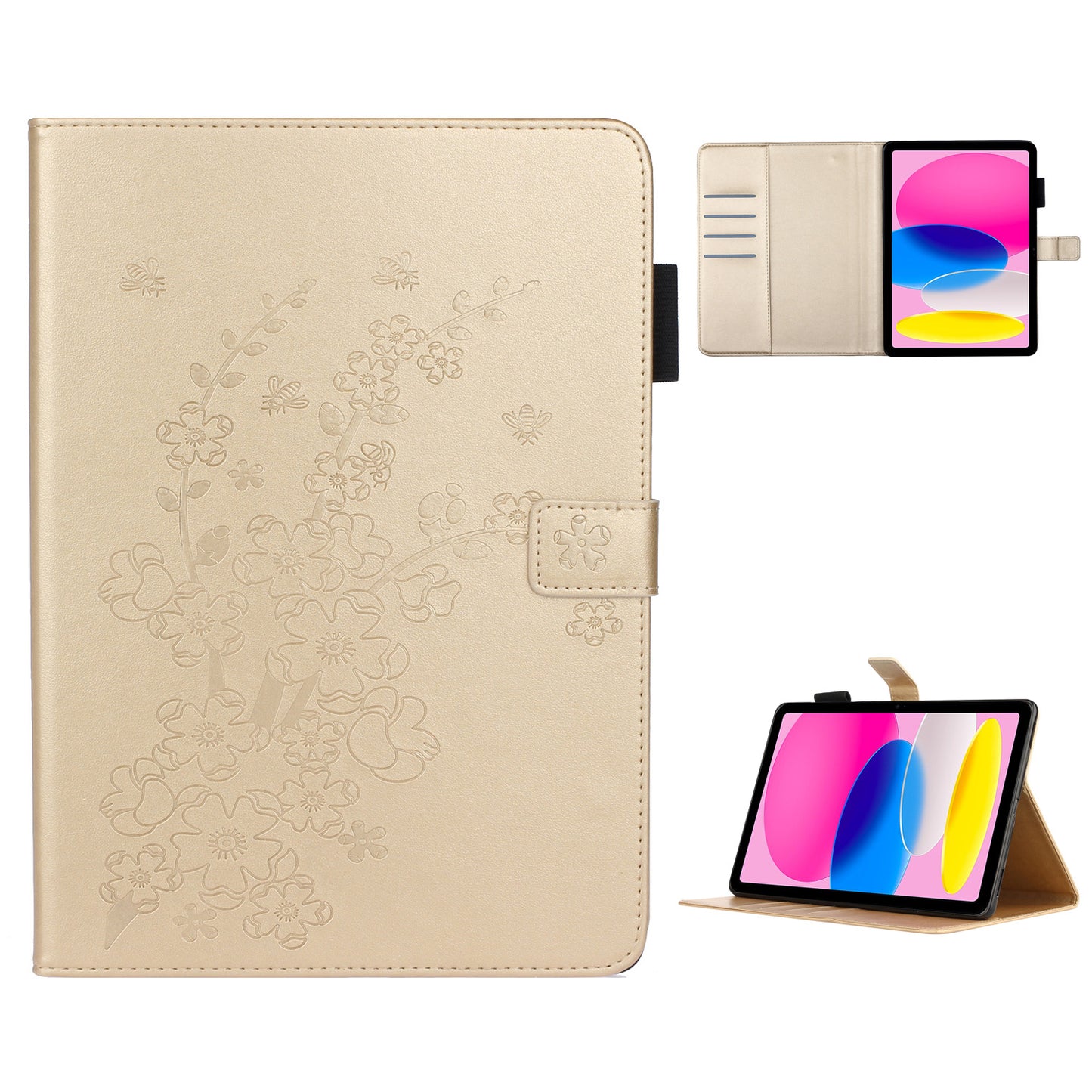 For iPad 10.9 (2022) / iPad 10th Gen Imprinted Plum Blossom Pattern Viewing Stand Shell Wallet Design PU Leather Shock Absorbing Tablet Case with Pen Holder