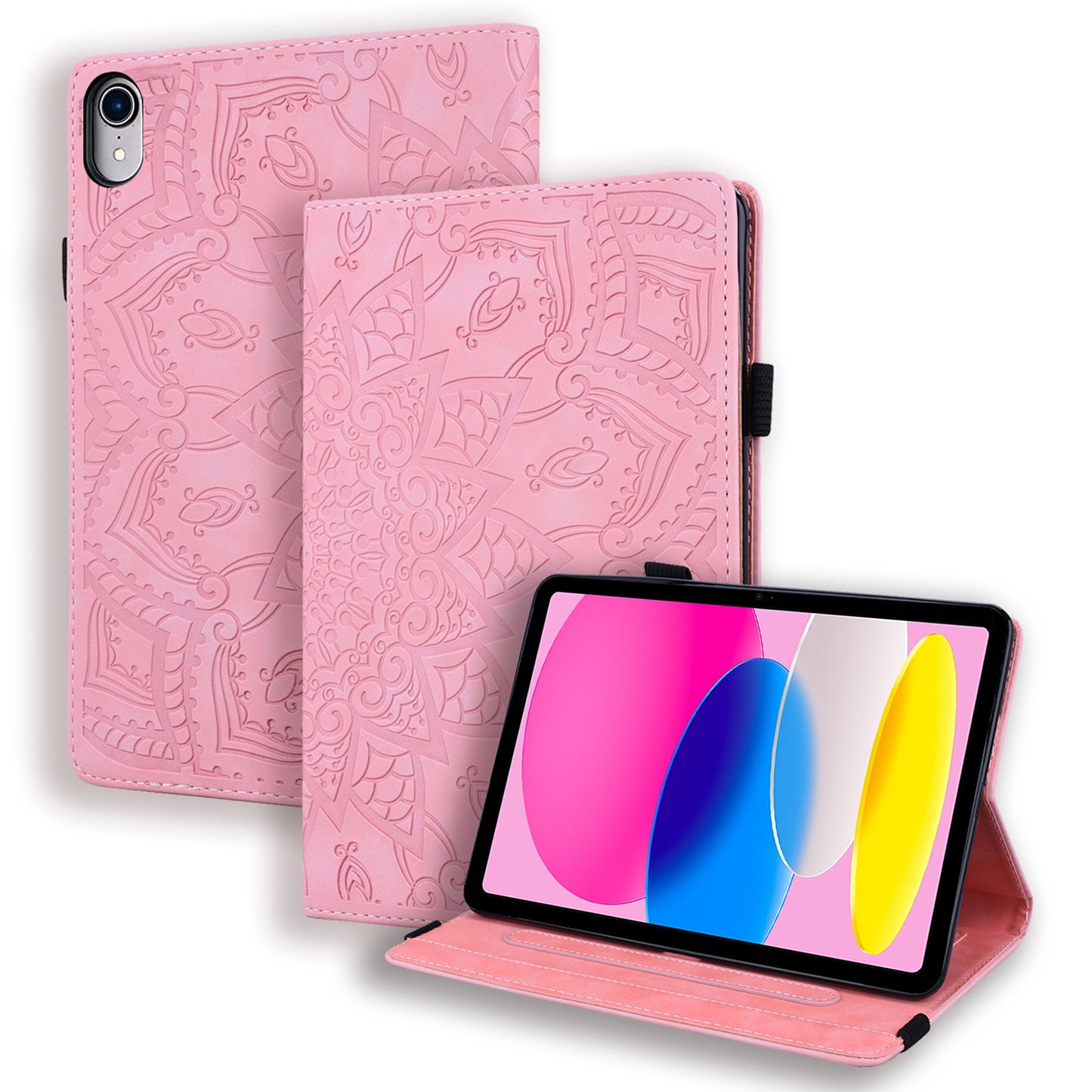 For iPad 10.9 (2022) / iPad 10th Gen Imprinted Flower Pattern PU Leather Case Stand Card Slot Elastic Band Protective Tablet Cover with Pen Loop Holder