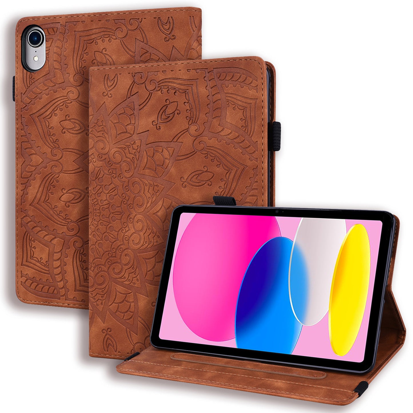 For iPad 10.9 (2022) / iPad 10th Gen Imprinted Flower Pattern PU Leather Case Stand Card Slot Elastic Band Protective Tablet Cover with Pen Loop Holder