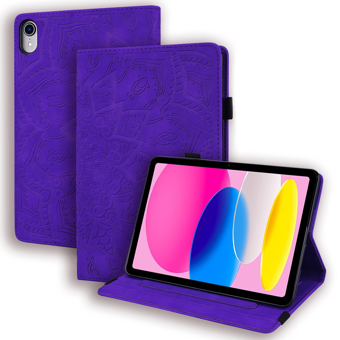 For iPad 10.9 (2022) / iPad 10th Gen Imprinted Flower Pattern PU Leather Case Stand Card Slot Elastic Band Protective Tablet Cover with Pen Loop Holder