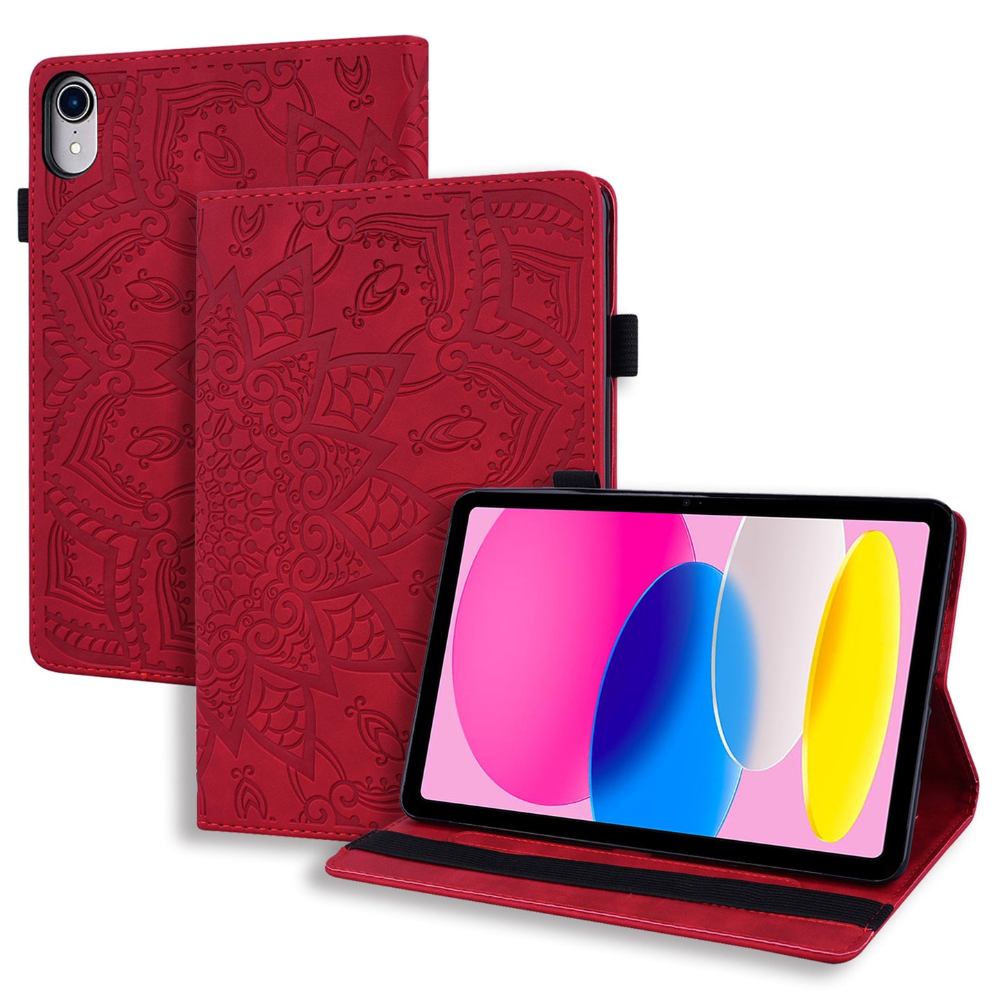 For iPad 10.9 (2022) / iPad 10th Gen Imprinted Flower Pattern PU Leather Case Stand Card Slot Elastic Band Protective Tablet Cover with Pen Loop Holder