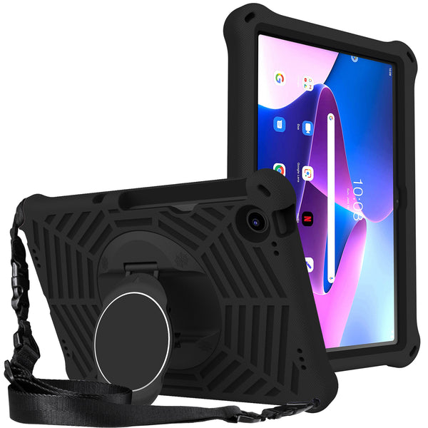 For Lenovo Tab M10 Plus (Gen 3) Spider Web Texture Shockproof EVA Case 360 Degree Rotation Kickstand Anti-scratch Cover with Shoulder Strap