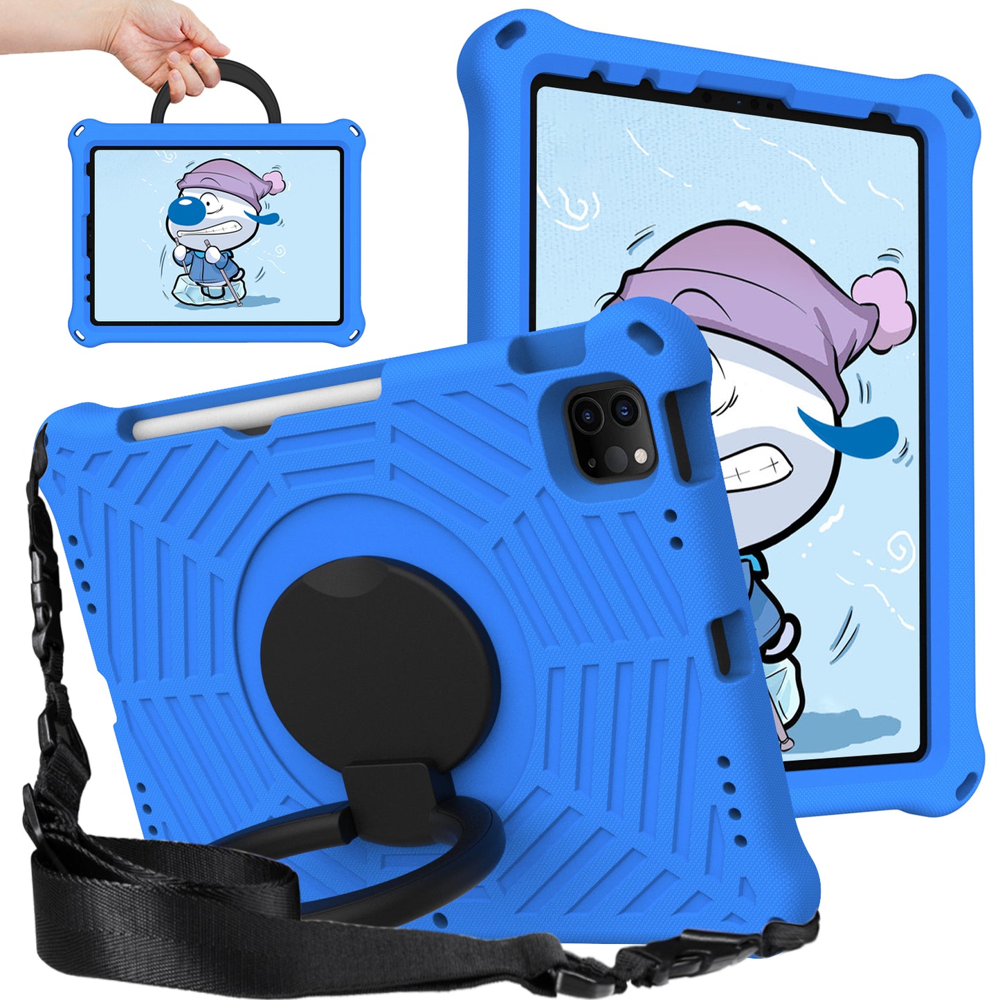 For iPad Pro 11-inch (2018) / (2020) / (2021) / (2022) / Air (2020) / (2022) Shockproof Case Spider Web Texture Kickstand Hand Grip Tablet Cover with Shoulder Strap