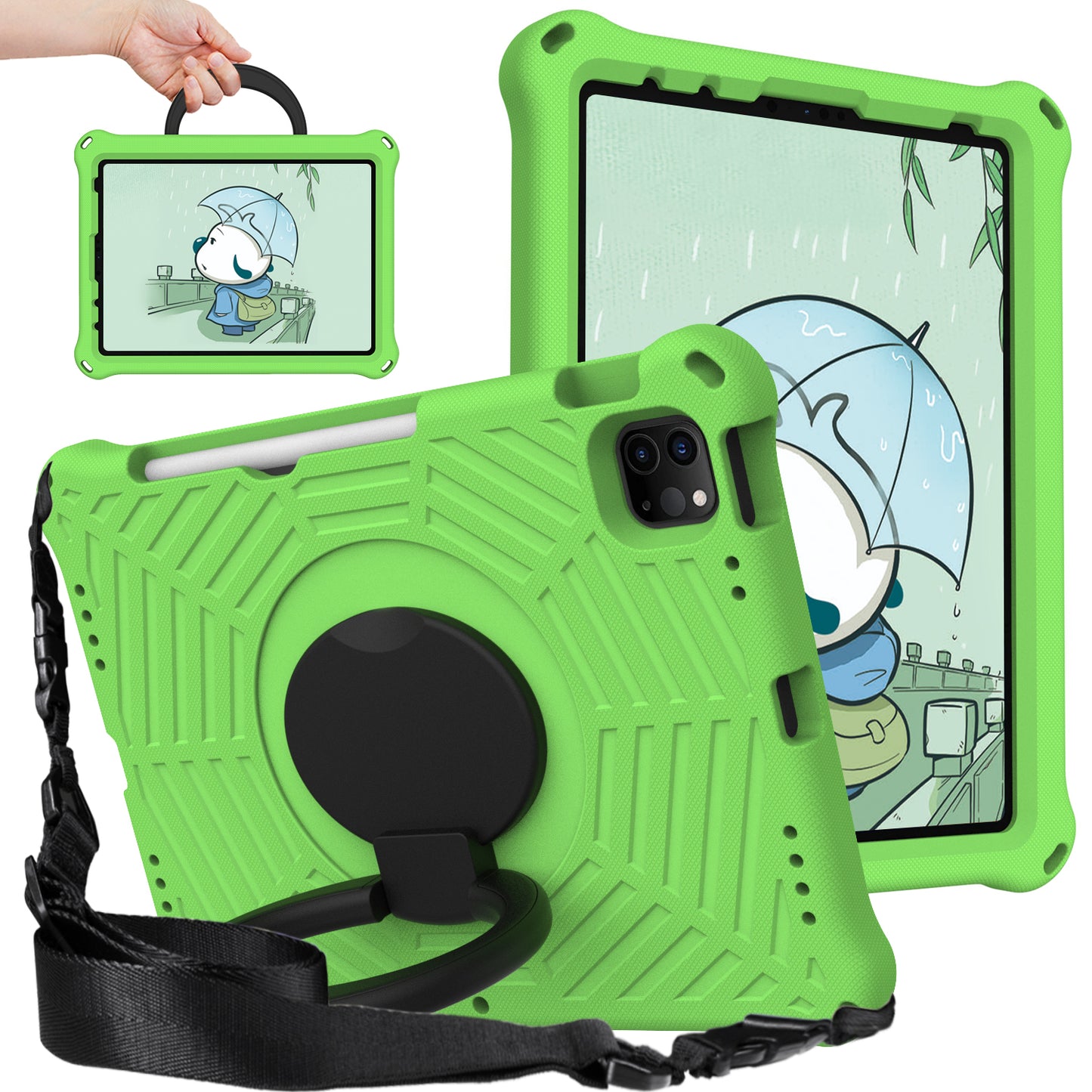 For iPad Pro 11-inch (2018) / (2020) / (2021) / (2022) / Air (2020) / (2022) Shockproof Case Spider Web Texture Kickstand Hand Grip Tablet Cover with Shoulder Strap