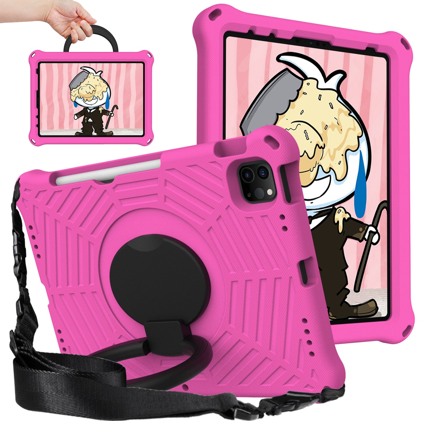 For iPad Pro 11-inch (2018) / (2020) / (2021) / (2022) / Air (2020) / (2022) Shockproof Case Spider Web Texture Kickstand Hand Grip Tablet Cover with Shoulder Strap
