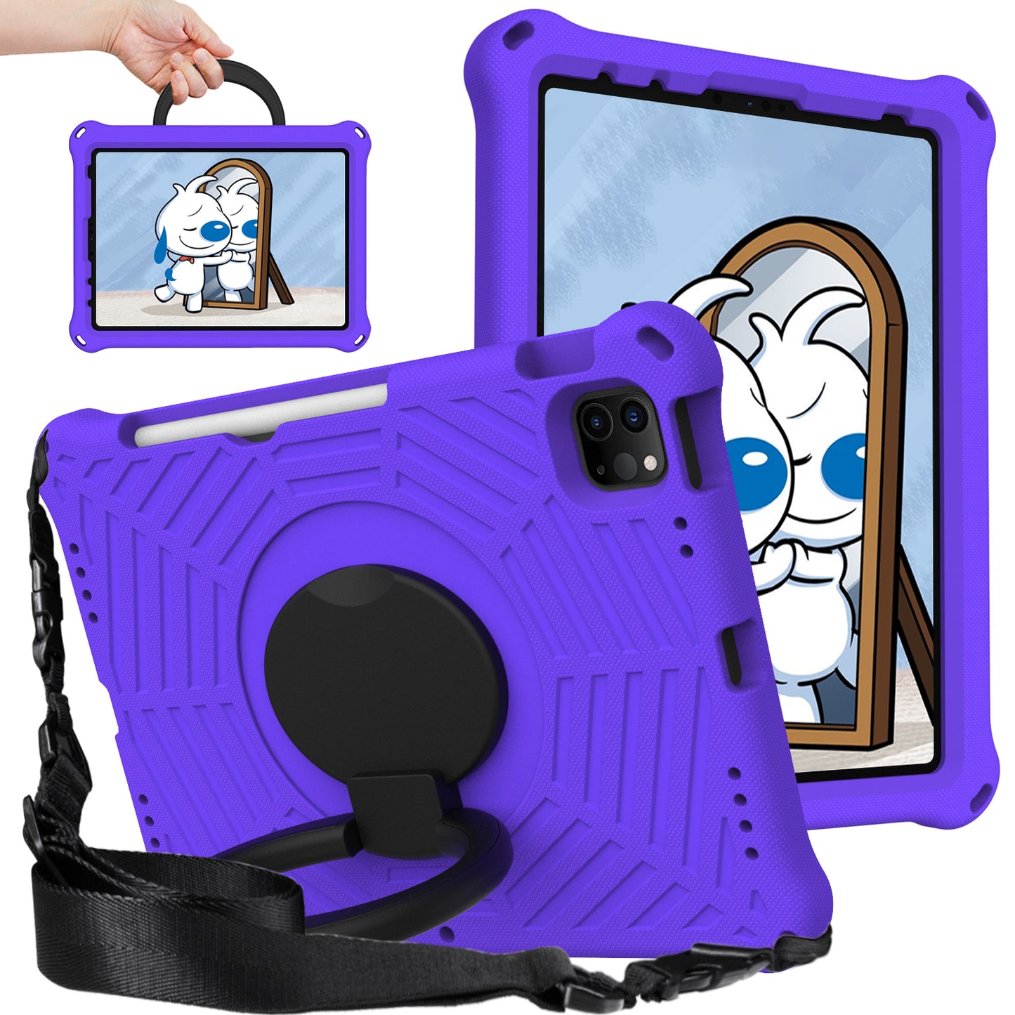 For iPad Pro 11-inch (2018) / (2020) / (2021) / (2022) / Air (2020) / (2022) Shockproof Case Spider Web Texture Kickstand Hand Grip Tablet Cover with Shoulder Strap