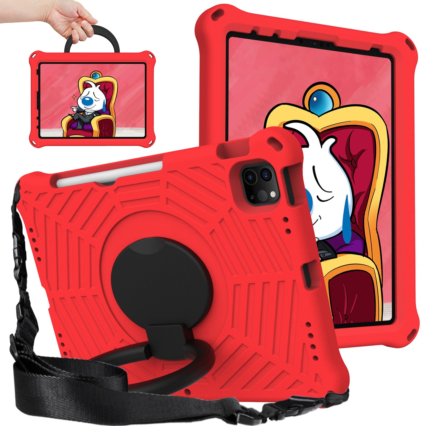 For iPad Pro 11-inch (2018) / (2020) / (2021) / (2022) / Air (2020) / (2022) Shockproof Case Spider Web Texture Kickstand Hand Grip Tablet Cover with Shoulder Strap