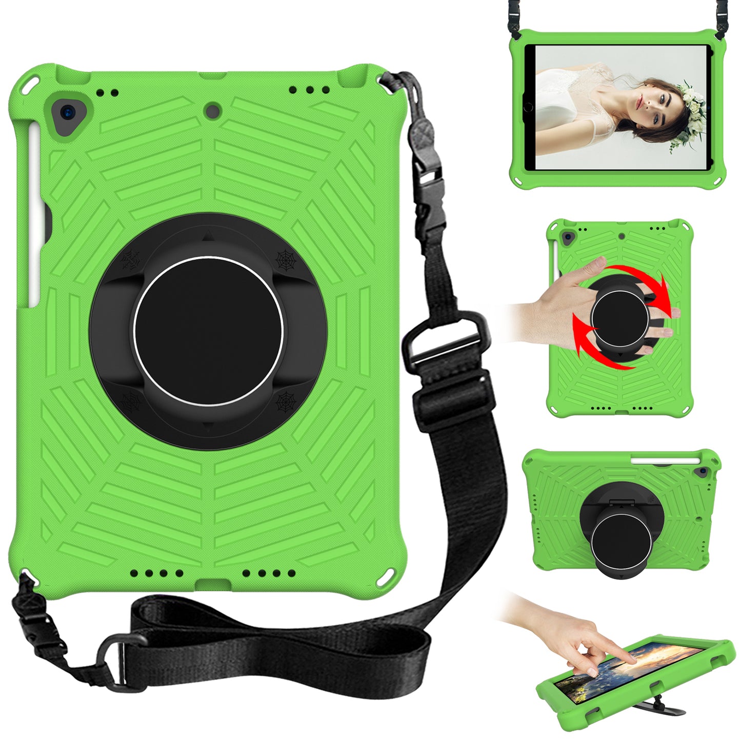 For iPad 10.2 (2021) / (2020) / (2019) Kids Spider Web Texture Tablet Case Sturdy EVA Rotation Kickstand Cover with Shoulder Carrying Strap