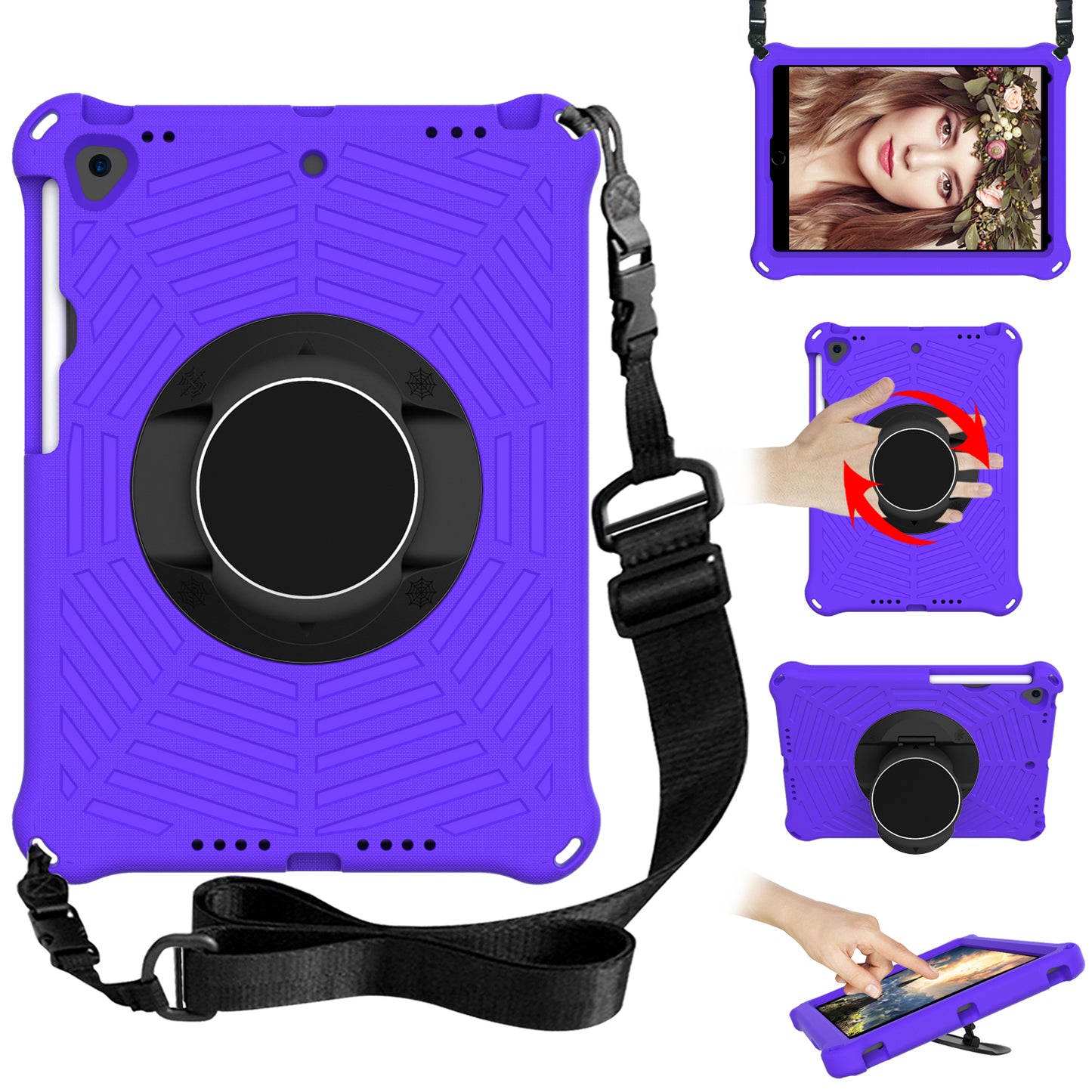 For iPad 10.2 (2021) / (2020) / (2019) Kids Spider Web Texture Tablet Case Sturdy EVA Rotation Kickstand Cover with Shoulder Carrying Strap
