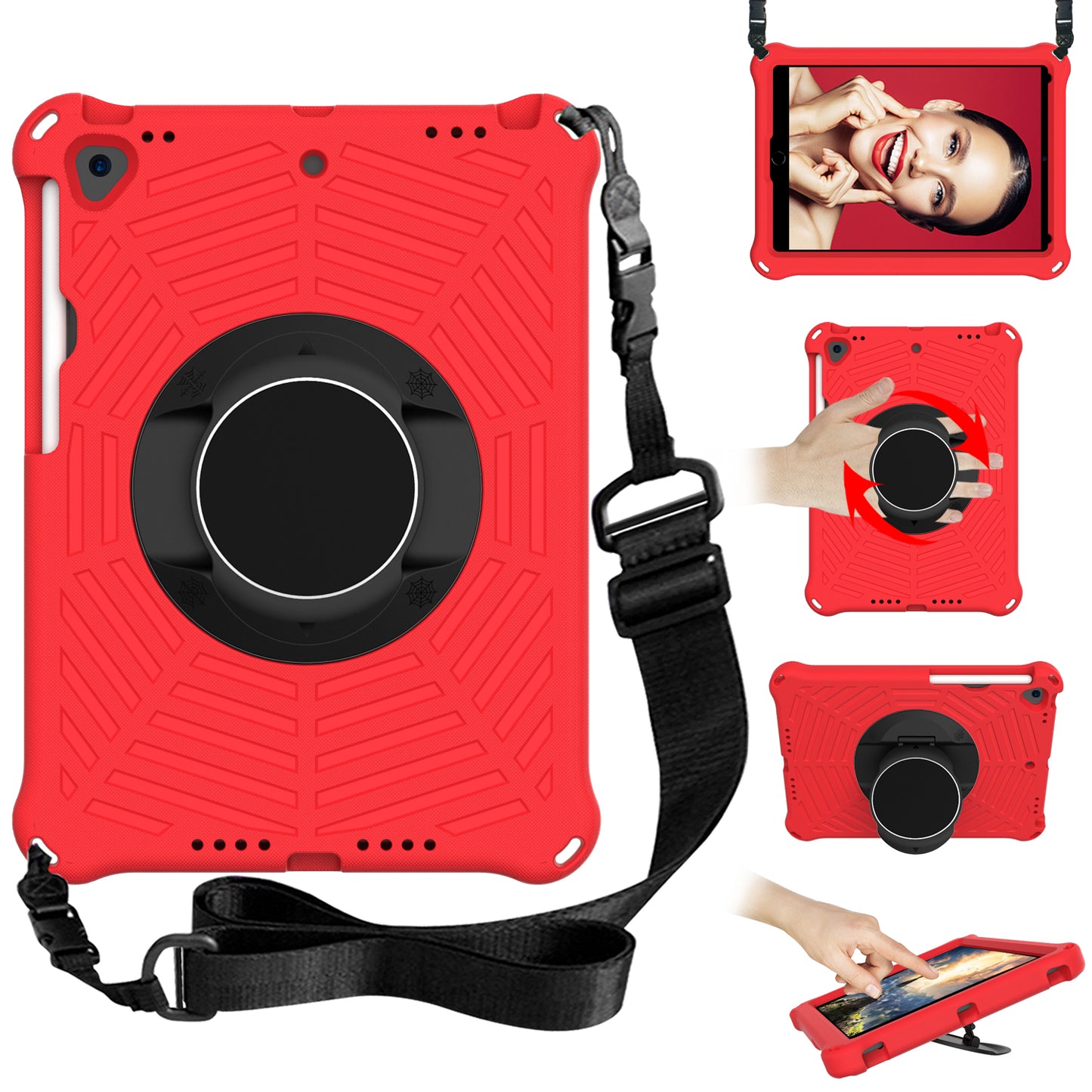 For iPad 10.2 (2021) / (2020) / (2019) Kids Spider Web Texture Tablet Case Sturdy EVA Rotation Kickstand Cover with Shoulder Carrying Strap