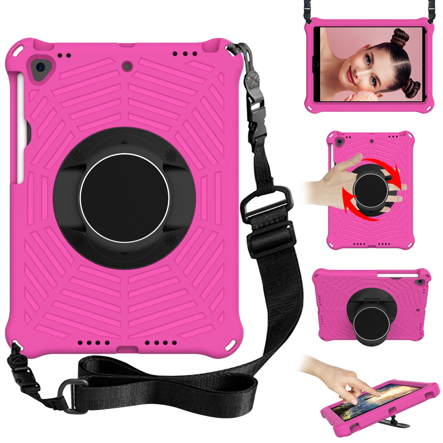 For iPad 10.2 (2021) / (2020) / (2019) Kids Spider Web Texture Tablet Case Sturdy EVA Rotation Kickstand Cover with Shoulder Carrying Strap