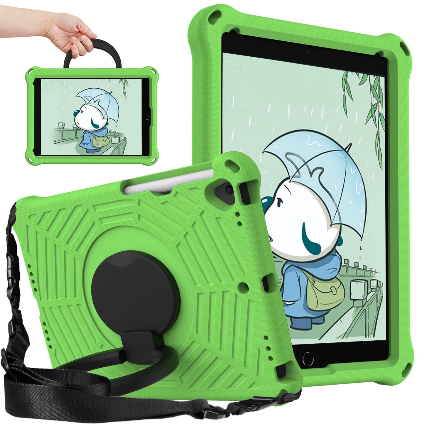 For iPad 10.2 (2021) / (2020) / (2019) Spider Web Texture EVA Tablet Case Hand Grip Kickstand Shockproof Protective Cover with Shoulder Strap