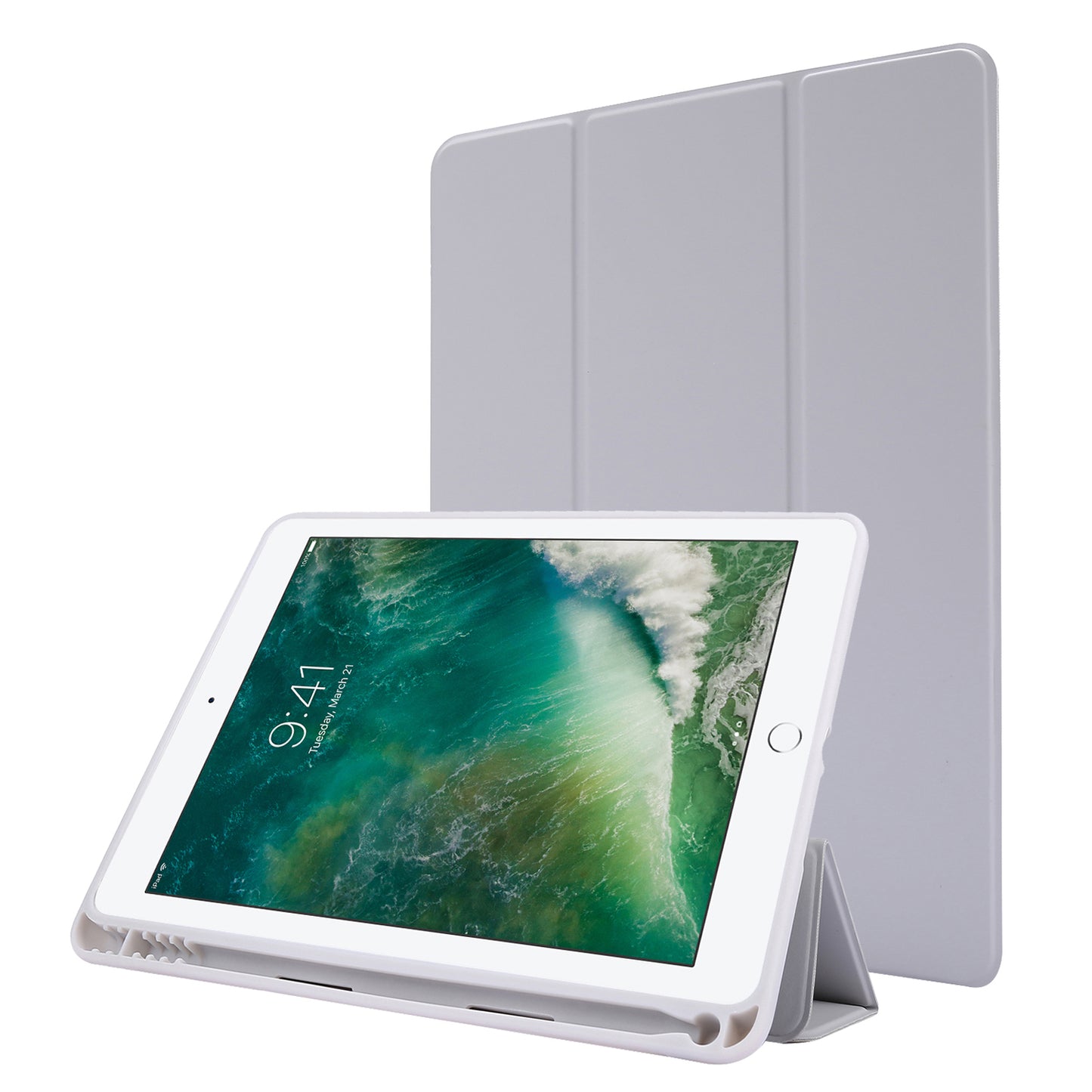 For iPad Air (2013) / Air 2 / 9.7-inch (2017) / 9.7-inch (2018) Skin-touch Feeling Shockproof Tablet Cover PU Leather + TPU Tri-fold Stand Tablet Case with Pen Slot