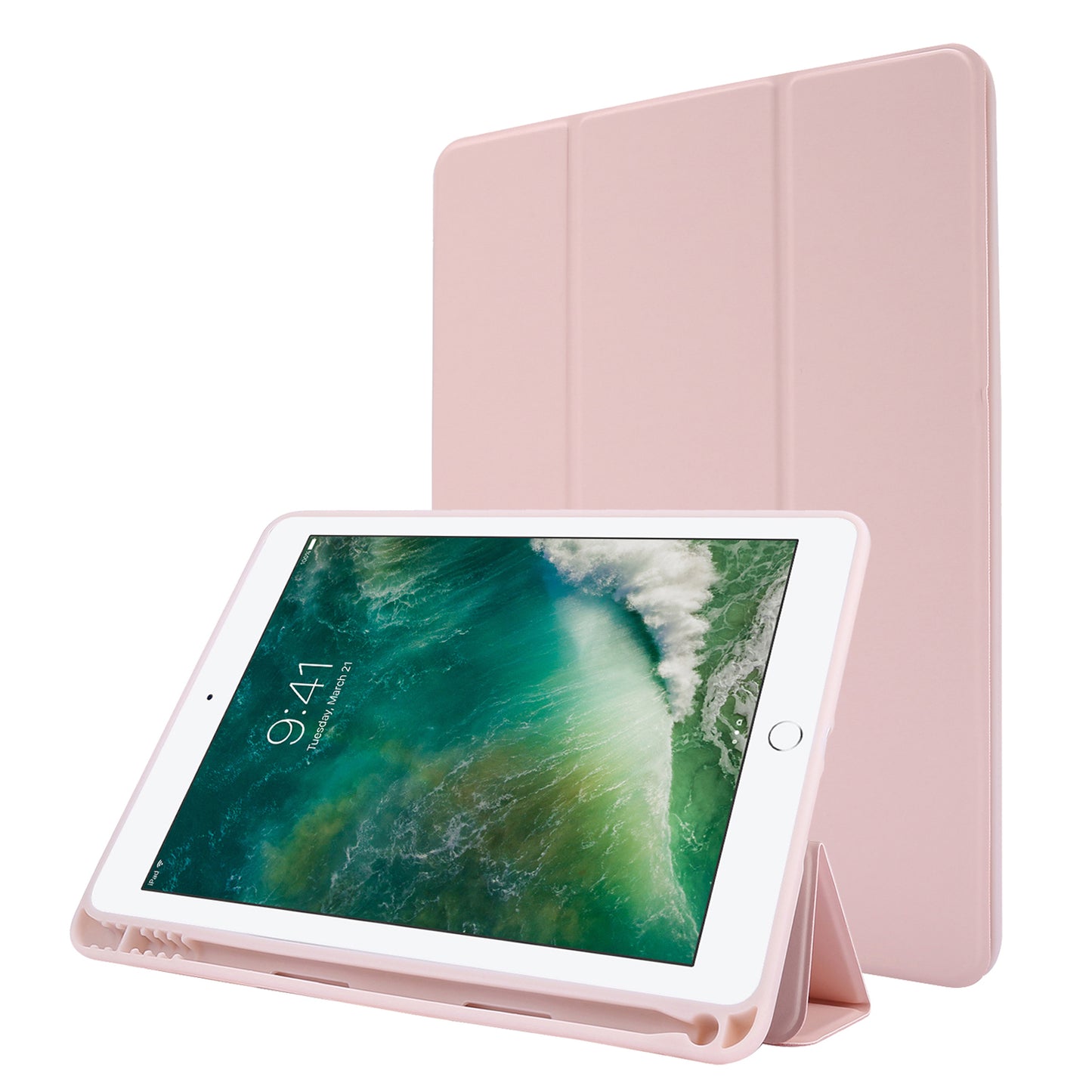 For iPad Air (2013) / Air 2 / 9.7-inch (2017) / 9.7-inch (2018) Skin-touch Feeling Shockproof Tablet Cover PU Leather + TPU Tri-fold Stand Tablet Case with Pen Slot