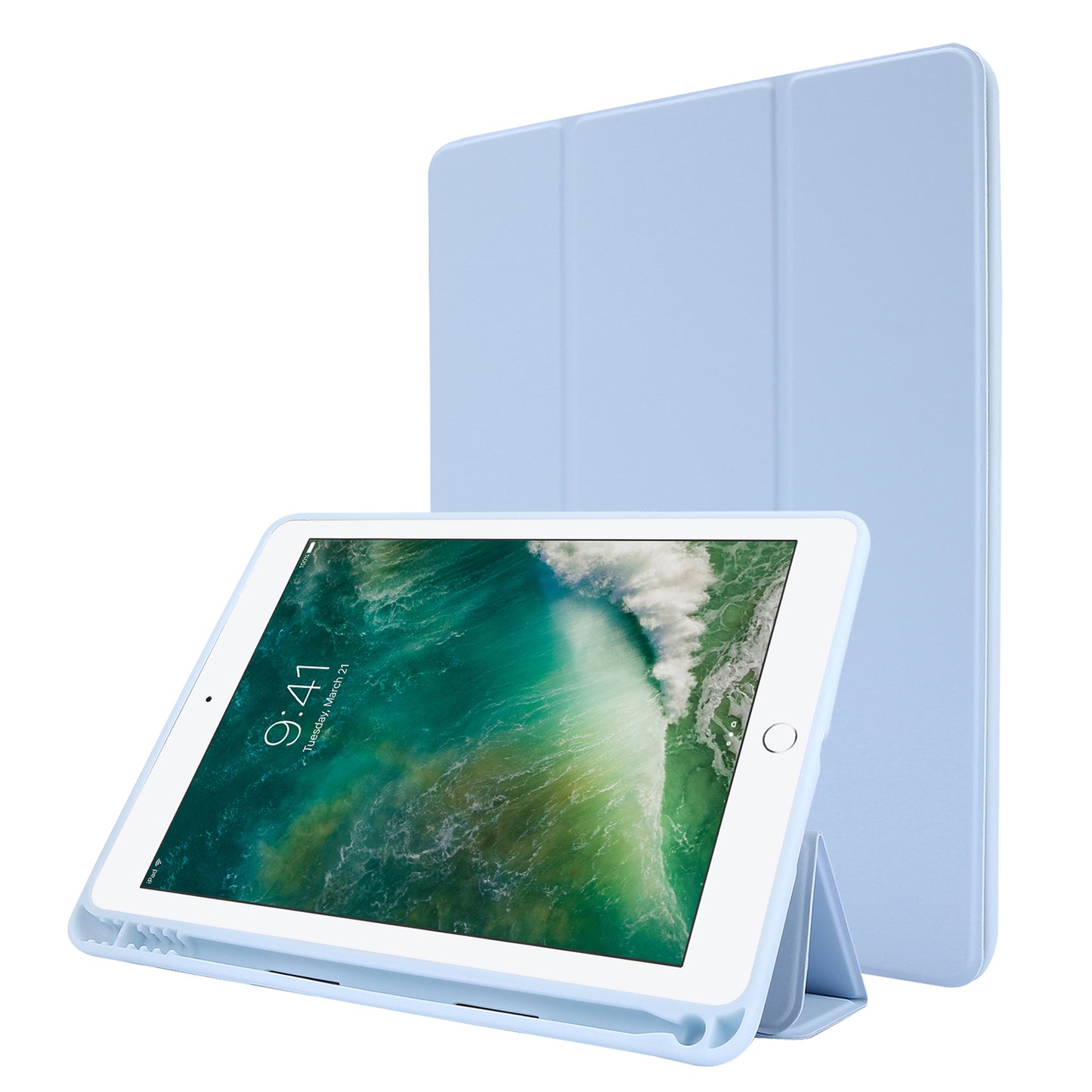 For iPad Air (2013) / Air 2 / 9.7-inch (2017) / 9.7-inch (2018) Skin-touch Feeling Shockproof Tablet Cover PU Leather + TPU Tri-fold Stand Tablet Case with Pen Slot