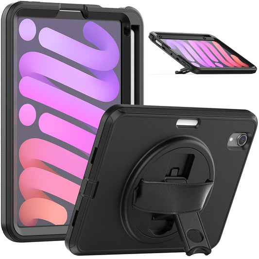 For iPad mini (2021) PC+TPU Tablet Protective Cover Rotary Kickstand Pen Slot Design Anti-drop Case with PU Leather Handle Strap