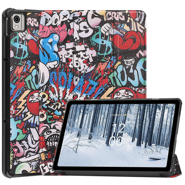 For Nokia T21 Trifold Stand Sleep / Wake Tablet Cover Pattern Printing PU Leather Folio Protective Case