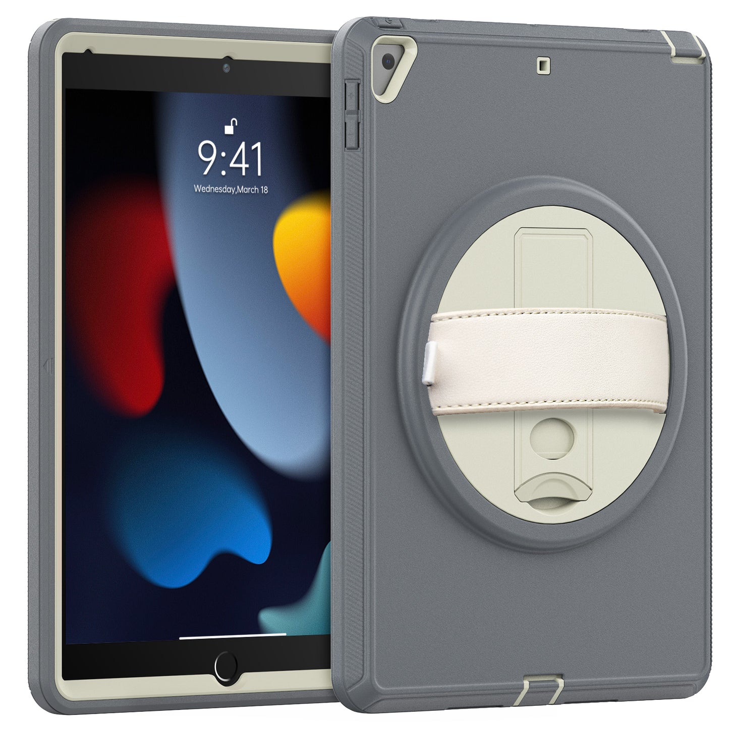 For iPad 10.2 (2021) / (2019) / (2020) / iPad Air 10.5 inch (2019) PC+TPU Tablet Protective Cover Rotary Kickstand Anti-drop Anti-scratch Case with PU Leather Handle Strap
