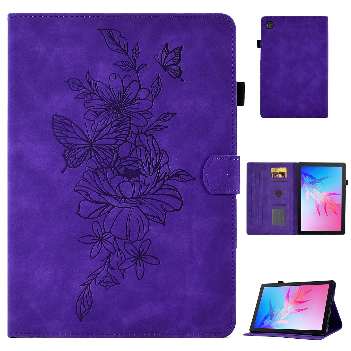 For Huawei Enjoy Tablet 2 / MatePad T 10 9.7 inch / T 10S 10.1 inch / Honor Pad 6 10.1-inch / Pad X6 9.7 inch Butterfly Flower Pattern Imprinted Tablet Case PU Leather Stand Card Slot Cover