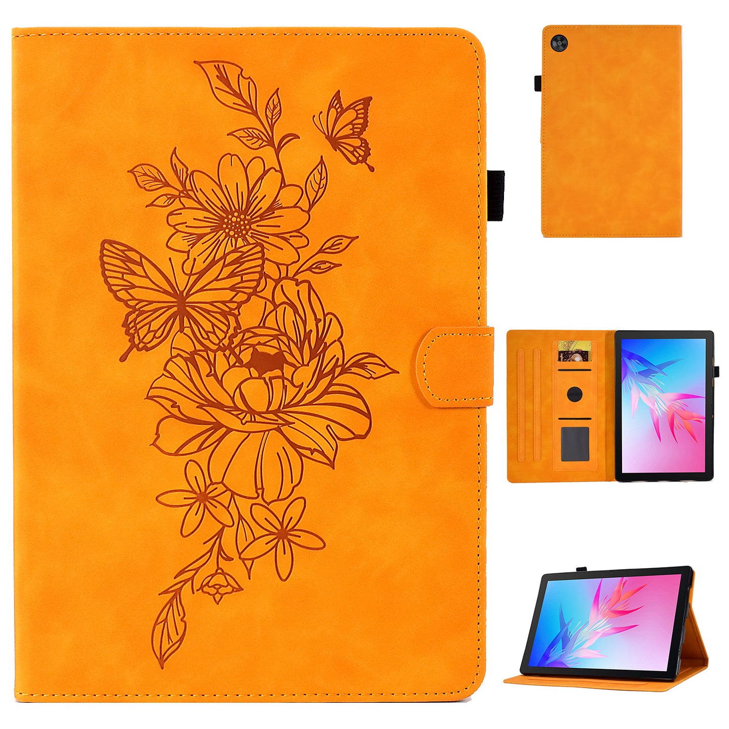 For Huawei Enjoy Tablet 2 / MatePad T 10 9.7 inch / T 10S 10.1 inch / Honor Pad 6 10.1-inch / Pad X6 9.7 inch Butterfly Flower Pattern Imprinted Tablet Case PU Leather Stand Card Slot Cover