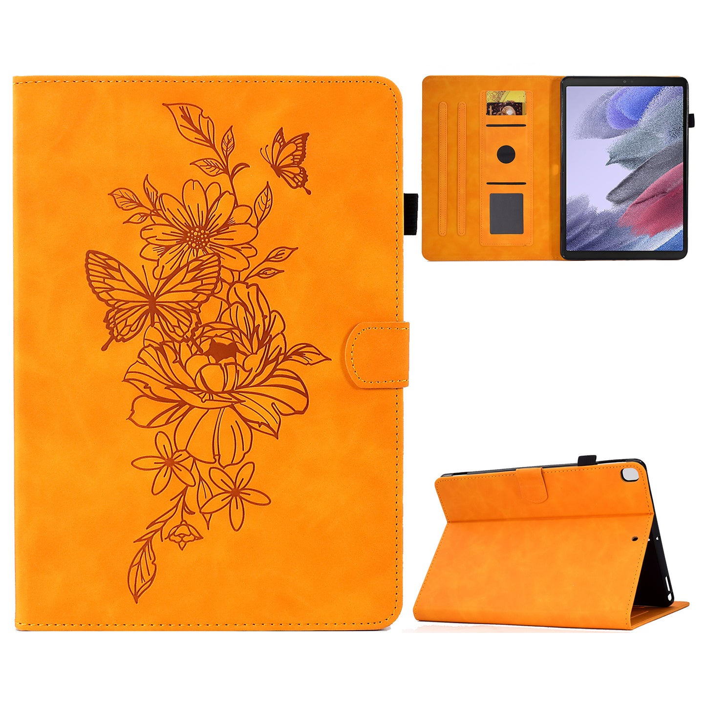Protective Tablet Case For Samsung Galaxy Tab A7 Lite 8.7-inch T220 / T225, Butterfly Flower Pattern Imprinted PU Leather Stitching Line Tablet Cover with Card Holder Stand