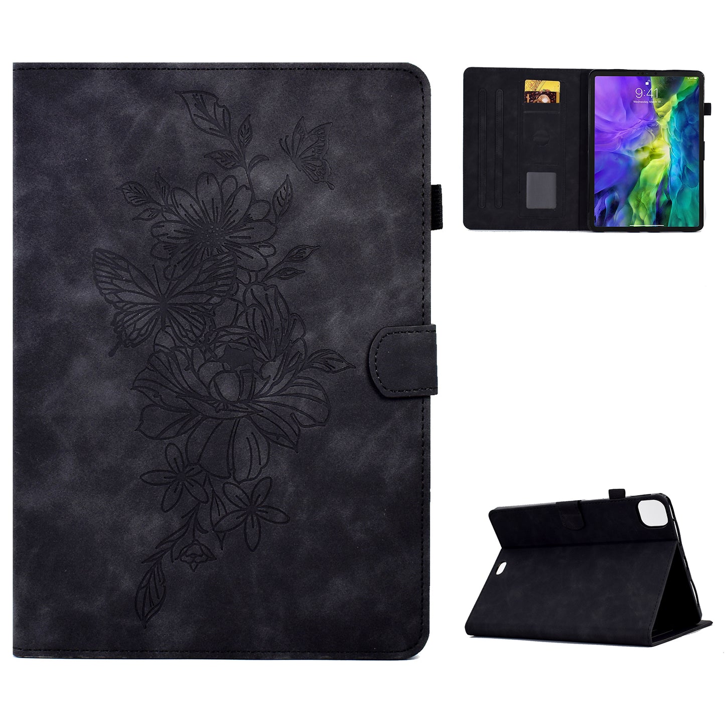 For iPad Pro 11-inch (2018) / (2020) / (2021) / (2022) / Air (2020) / (2022) Stitching Leather Case Butterfly Flower Pattern Imprinted Anti-Fall Tablet Cover with Card Holder Stand