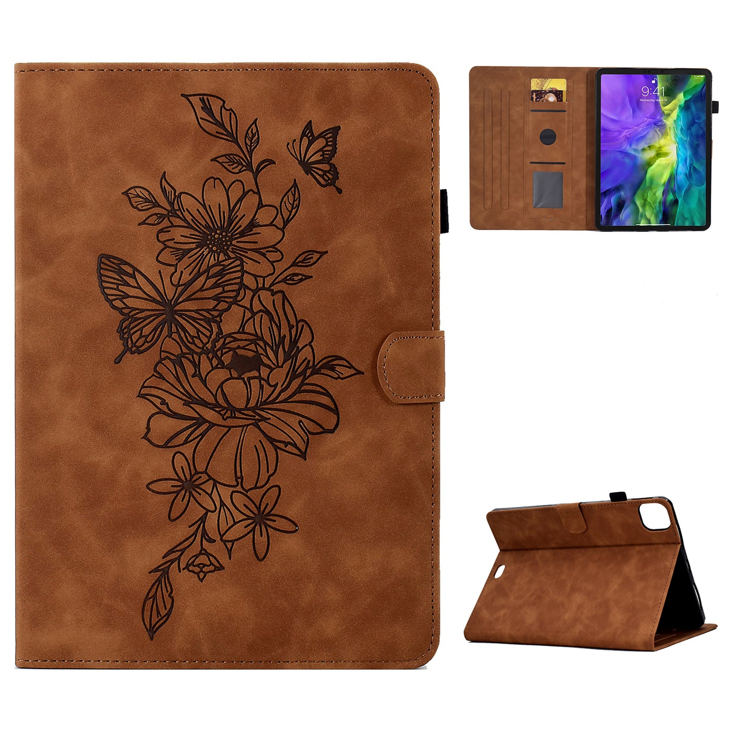 For iPad Pro 11-inch (2018) / (2020) / (2021) / (2022) / Air (2020) / (2022) Stitching Leather Case Butterfly Flower Pattern Imprinted Anti-Fall Tablet Cover with Card Holder Stand