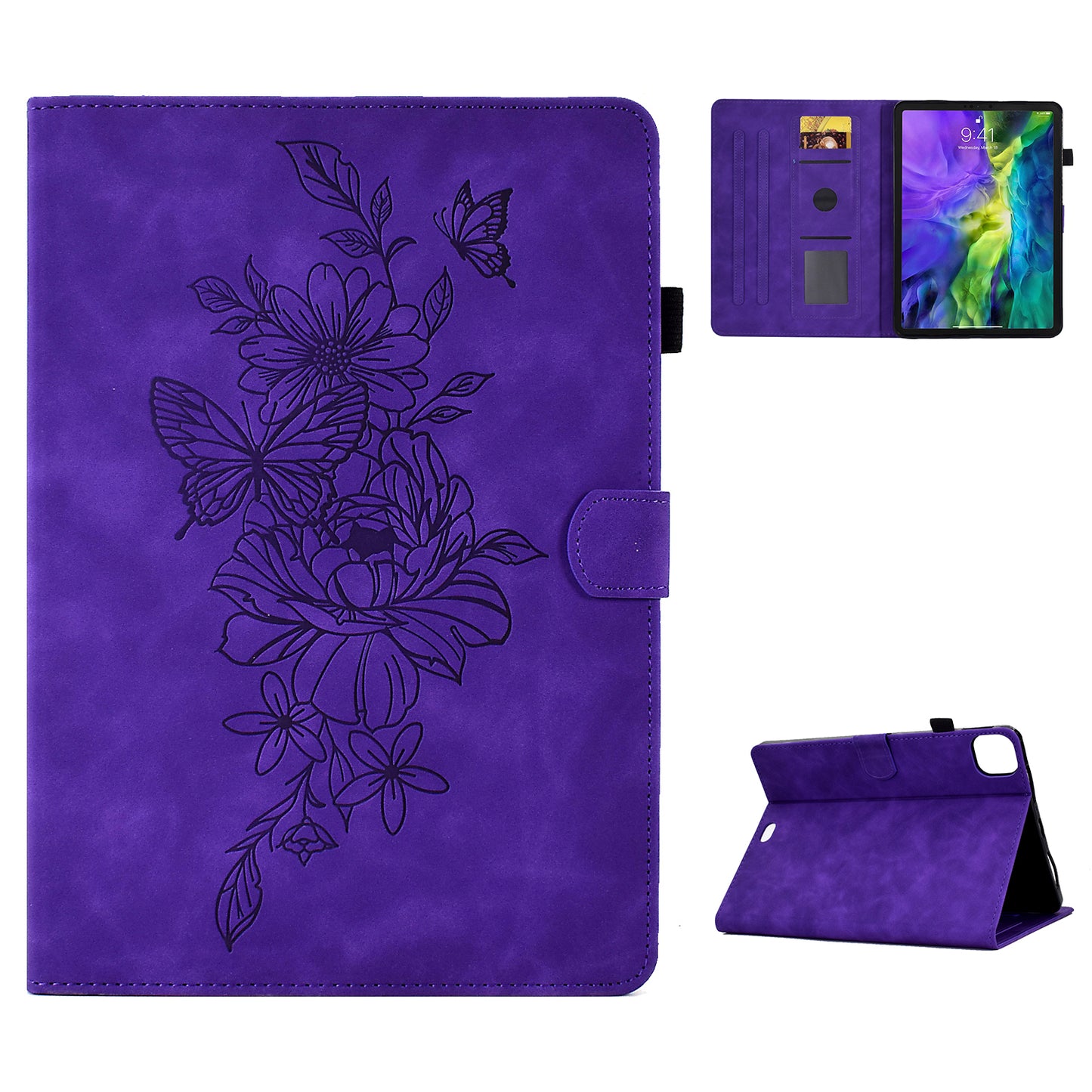 For iPad Pro 11-inch (2018) / (2020) / (2021) / (2022) / Air (2020) / (2022) Stitching Leather Case Butterfly Flower Pattern Imprinted Anti-Fall Tablet Cover with Card Holder Stand