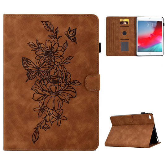 For iPad Mini / Mini 2 / mini 3 / mini 4 / mini (2019) 7.9 inch Shockproof Leather Case Butterfly Flower Pattern Imprinted Stitching Anti-Drop Tablet Cover with Card Holder, Stand