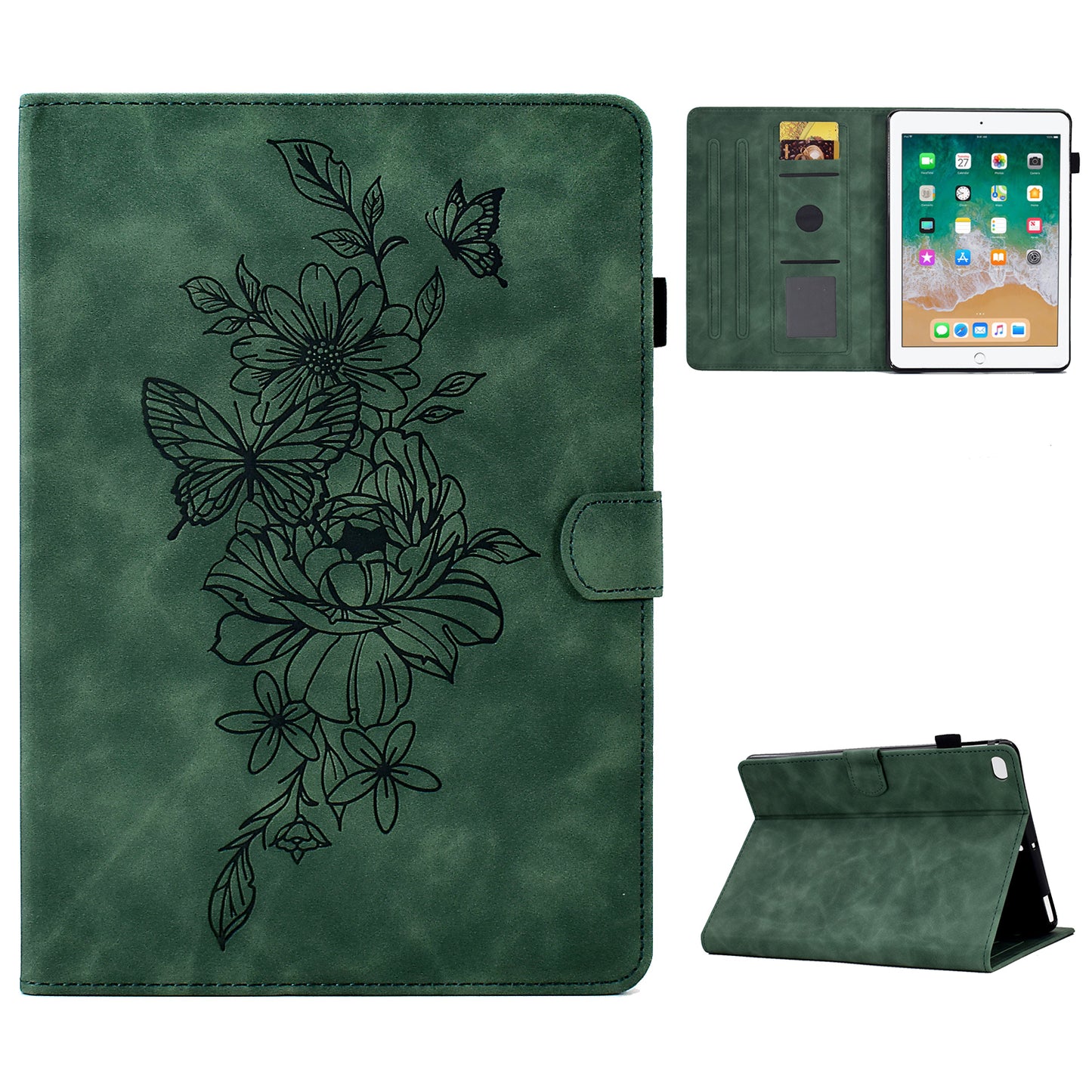 For iPad Air (2013) / Air 2 / iPad 9.7-inch (2017) / 9.7-inch (2018) Anti-Drop Leather Case Butterfly Flower Pattern Imprinted Shockproof Tablet Cover with Card Holder, Stand