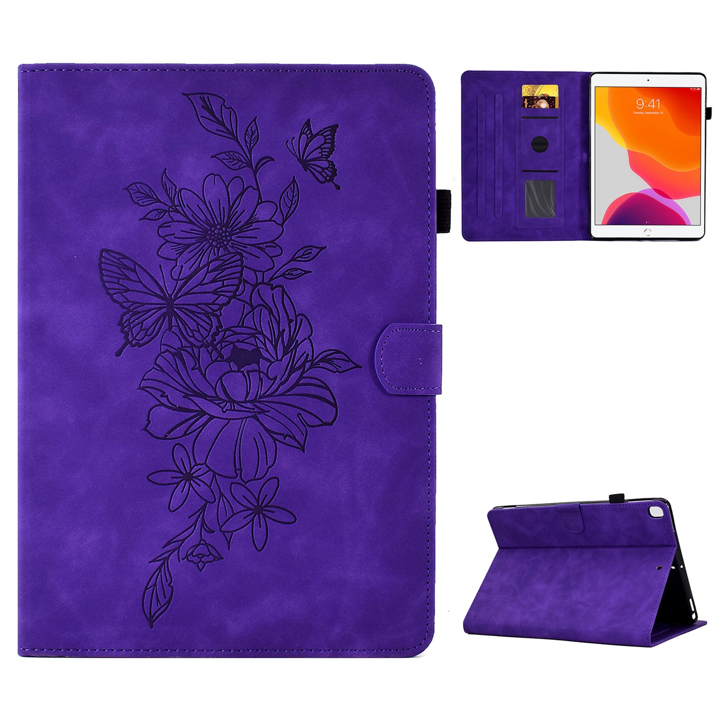 For iPad 10.2 (2019) / (2020) / Air 10.5 inch (2019) Protective Leather Case Butterfly Flower Pattern Imprinted Anti-Drop Tablet Cover with Card Holder, Stand