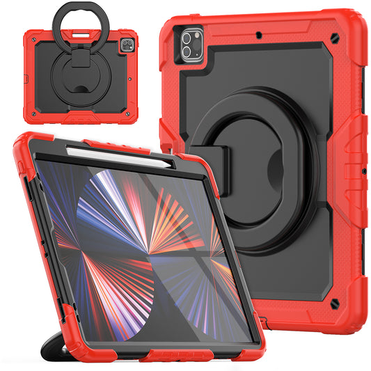 For iPad Pro 12.9 (2018) / (2020) / (2021) / (2022) 360-Degree Rotating Kickstand Tablet Case Anti-drop PC + Silicone Protective Cover with Shoulder Strap