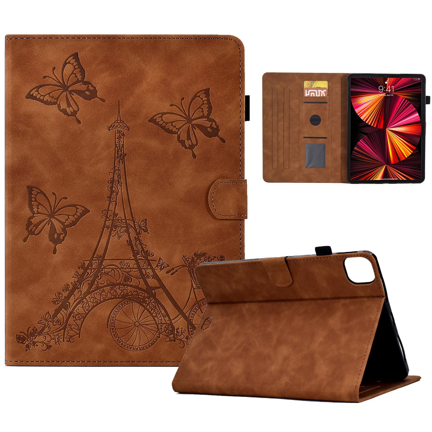 For iPad Pro 11 inch (2018) / (2020) / (2021) / (2022) / iPad Air (2020) / (2022) Microfiber Leather Tablet Case Tower Bike Butterfly Pattern Imprinted Cover with Card Slots Stand