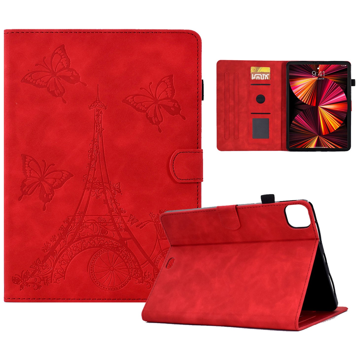 For iPad Pro 11 inch (2018) / (2020) / (2021) / (2022) / iPad Air (2020) / (2022) Microfiber Leather Tablet Case Tower Bike Butterfly Pattern Imprinted Cover with Card Slots Stand