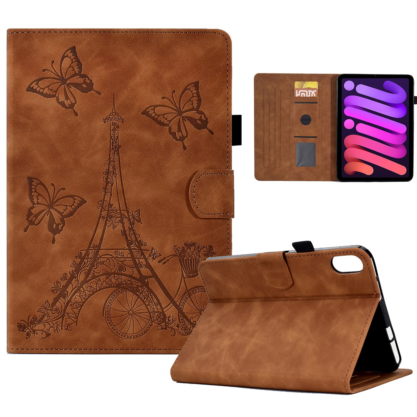 For iPad mini (2021) Tower Bike Butterfly Pattern Imprinted Tablet Case Microfiber Leather Card Holder Foldable Stand Cover