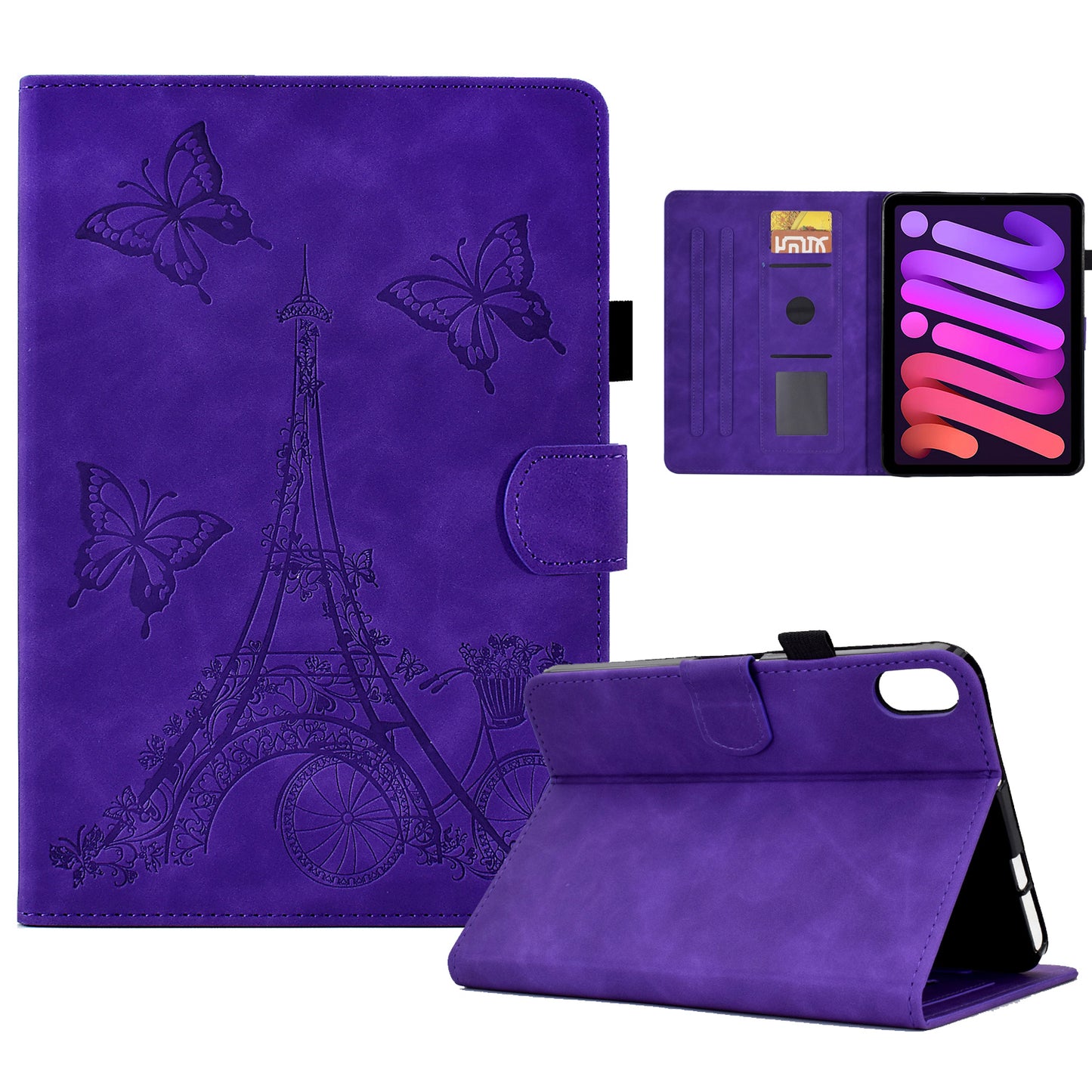 For iPad mini (2021) Tower Bike Butterfly Pattern Imprinted Tablet Case Microfiber Leather Card Holder Foldable Stand Cover