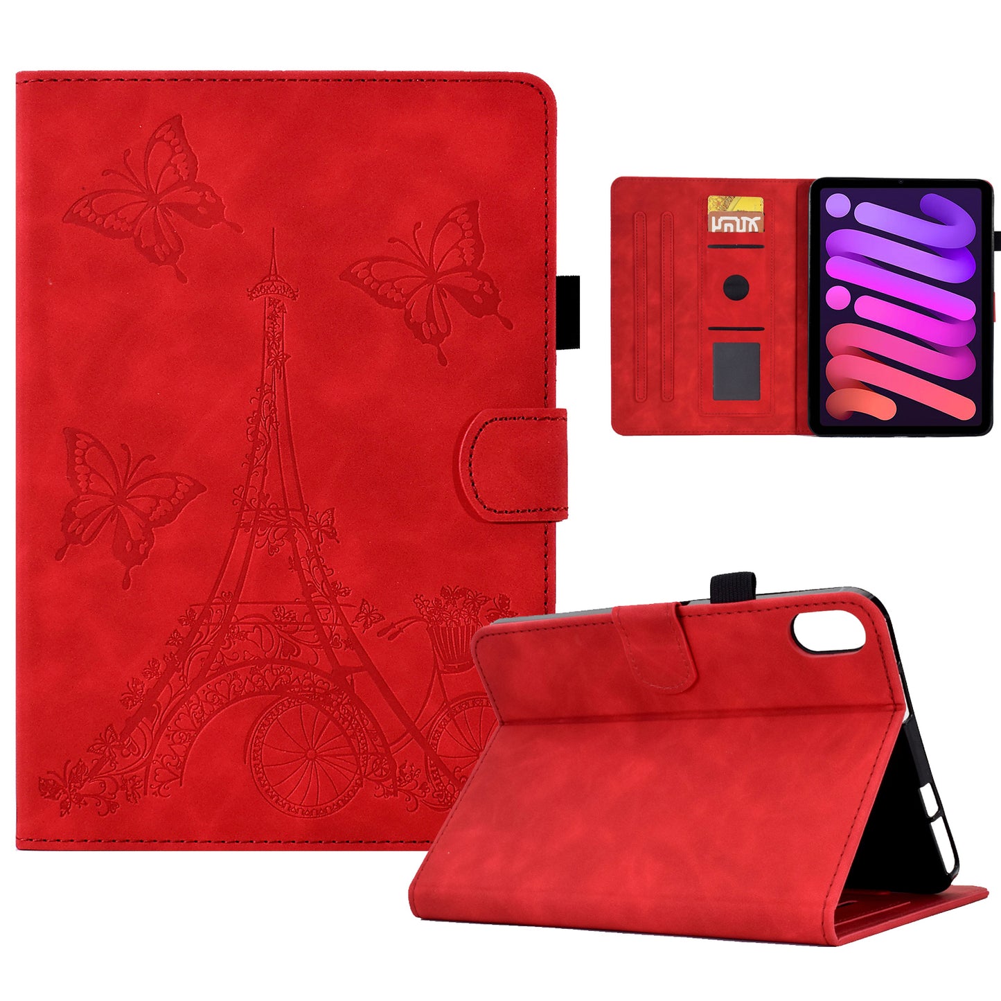 For iPad mini (2021) Tower Bike Butterfly Pattern Imprinted Tablet Case Microfiber Leather Card Holder Foldable Stand Cover