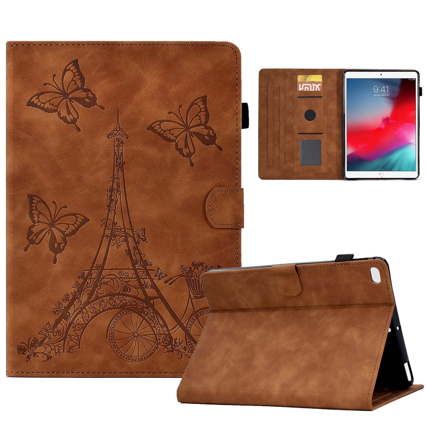 For iPad 10.2 (2021) / (2020) / (2019) / iPad Air 10.5 inch (2019) / iPad Pro 10.5-inch (2017) Microfiber Leather Stand Case Tower Bike Butterfly Pattern Imprinted Card Holder Tablet Cover